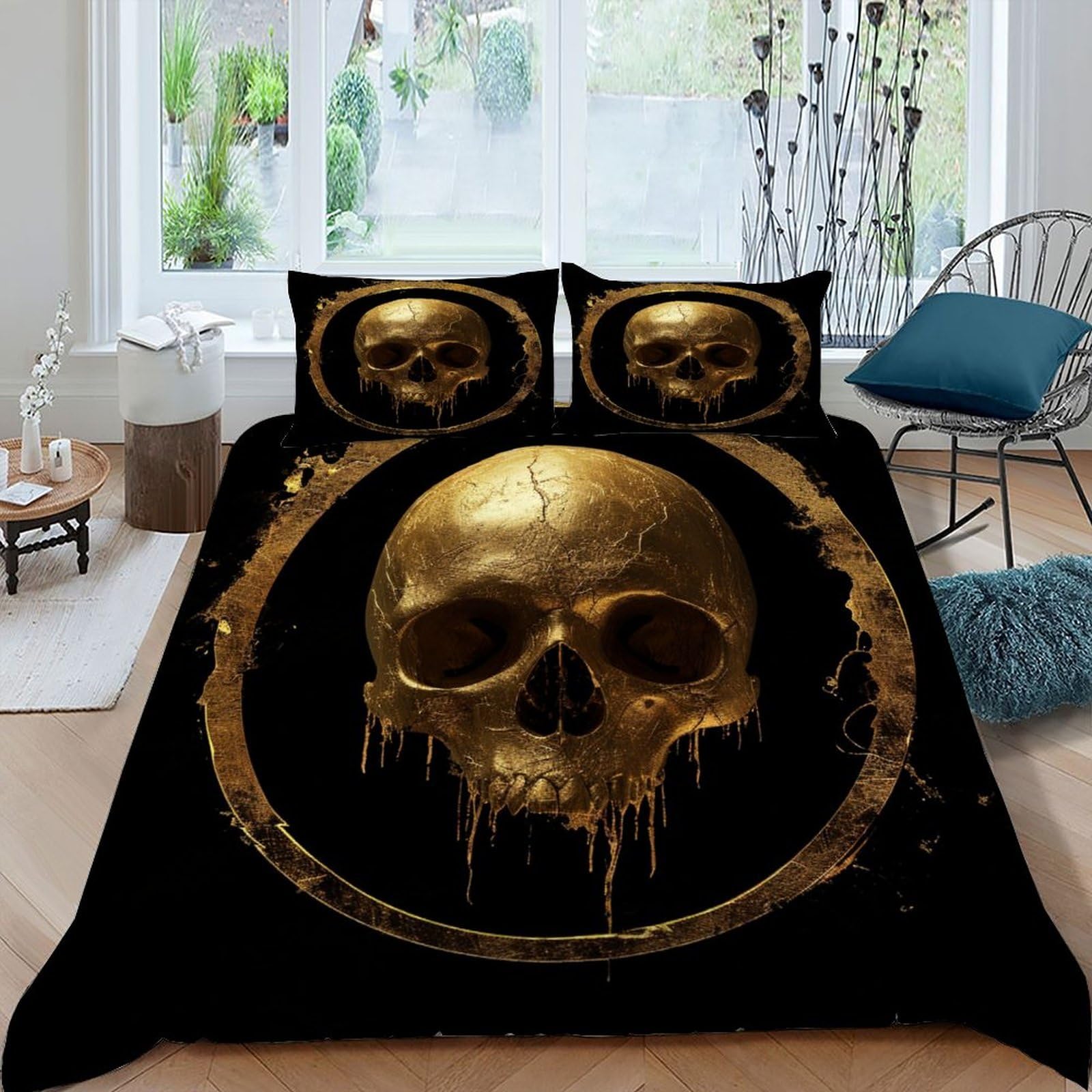 SHOVERKD Golden Skull Bedding Set Theme Bedspread Gothic Themes Duvet Cover Set 3 Pieces Chic Breathable Comforter Cover Universal for All Seasons with Pillowcase King（220x240cm）