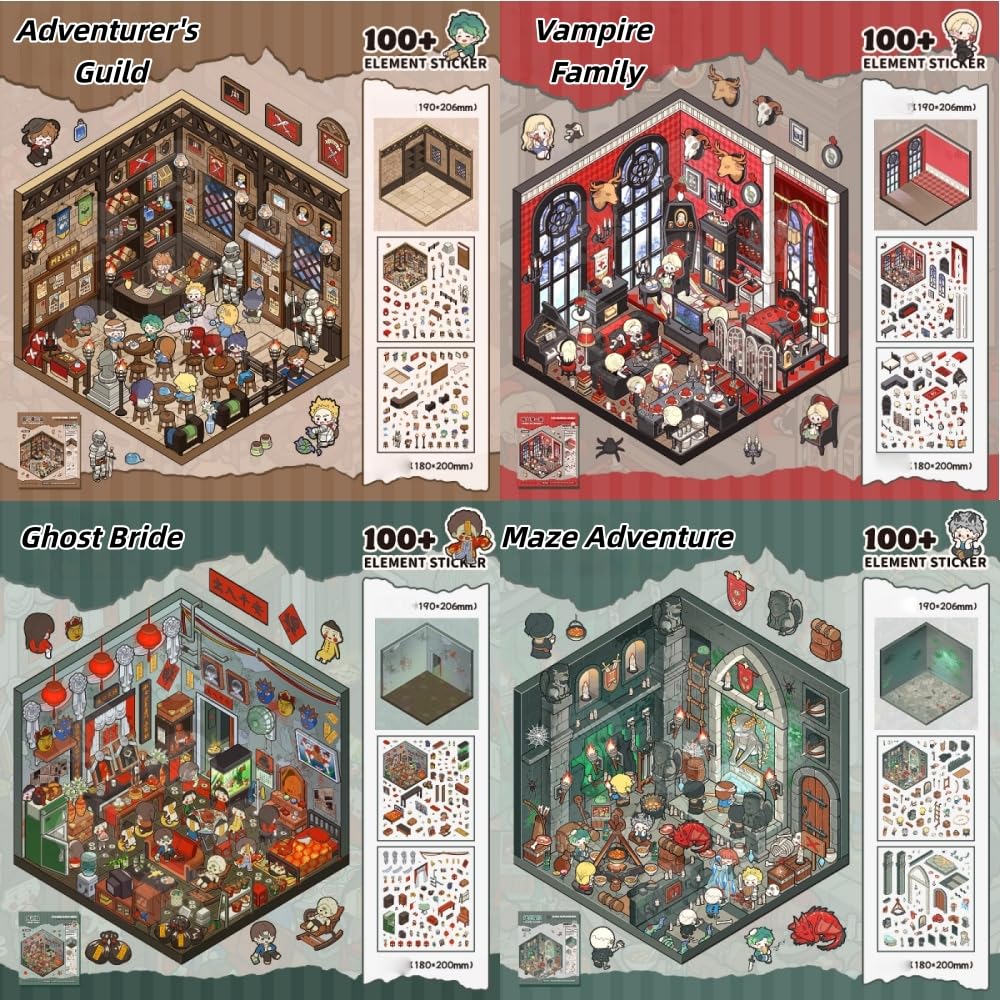 4 Sets 3D Scene Stickers,DIY Mini House Stickers Set for Adults with Tweezers Make Your Own Adventures Room Sticker Scene Therapy for Adults Relief Stress Pass The Time Gift Micro-Terror Cabin - Image 3