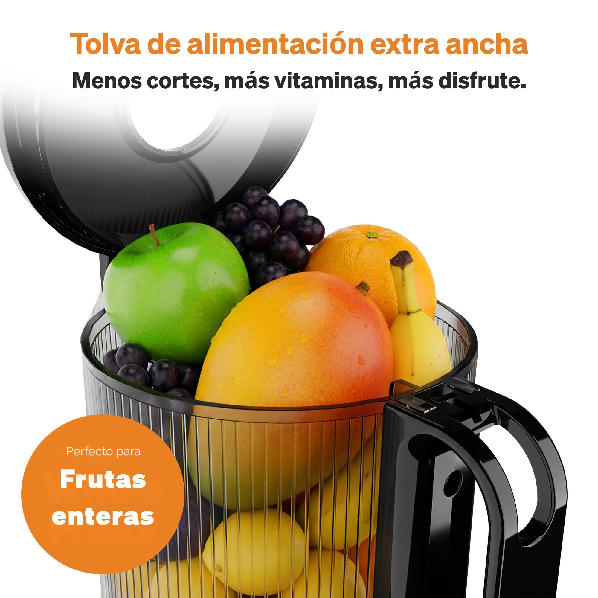 Extractor de Zumos 250 W, Slow Juicer de Prensado en Frío con Tolva XXL de 130 mm para Frutas y Verduras Enteras | Sin BPA | Función Inversa | Incluye 2 Vasos, Cepillo y Recetas de Zumo
