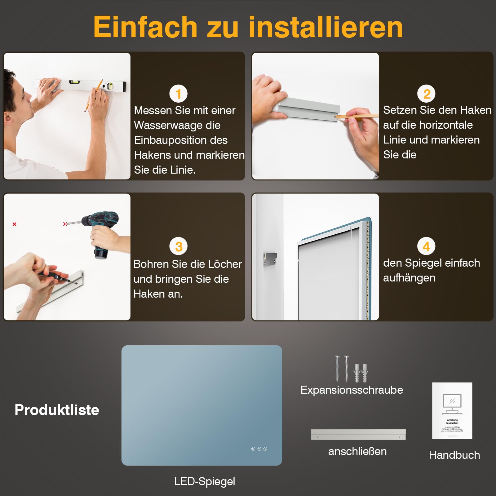 Badspiegel mit Beleuchtung 80x60cm, Led Spiegel Bad mit Antibeschlag, 3 Lichtfarben, Dimmbar, Speicherfunktion, Touch-Schalter, IP44 Wasserdicht, LED Badezimmerspiegel