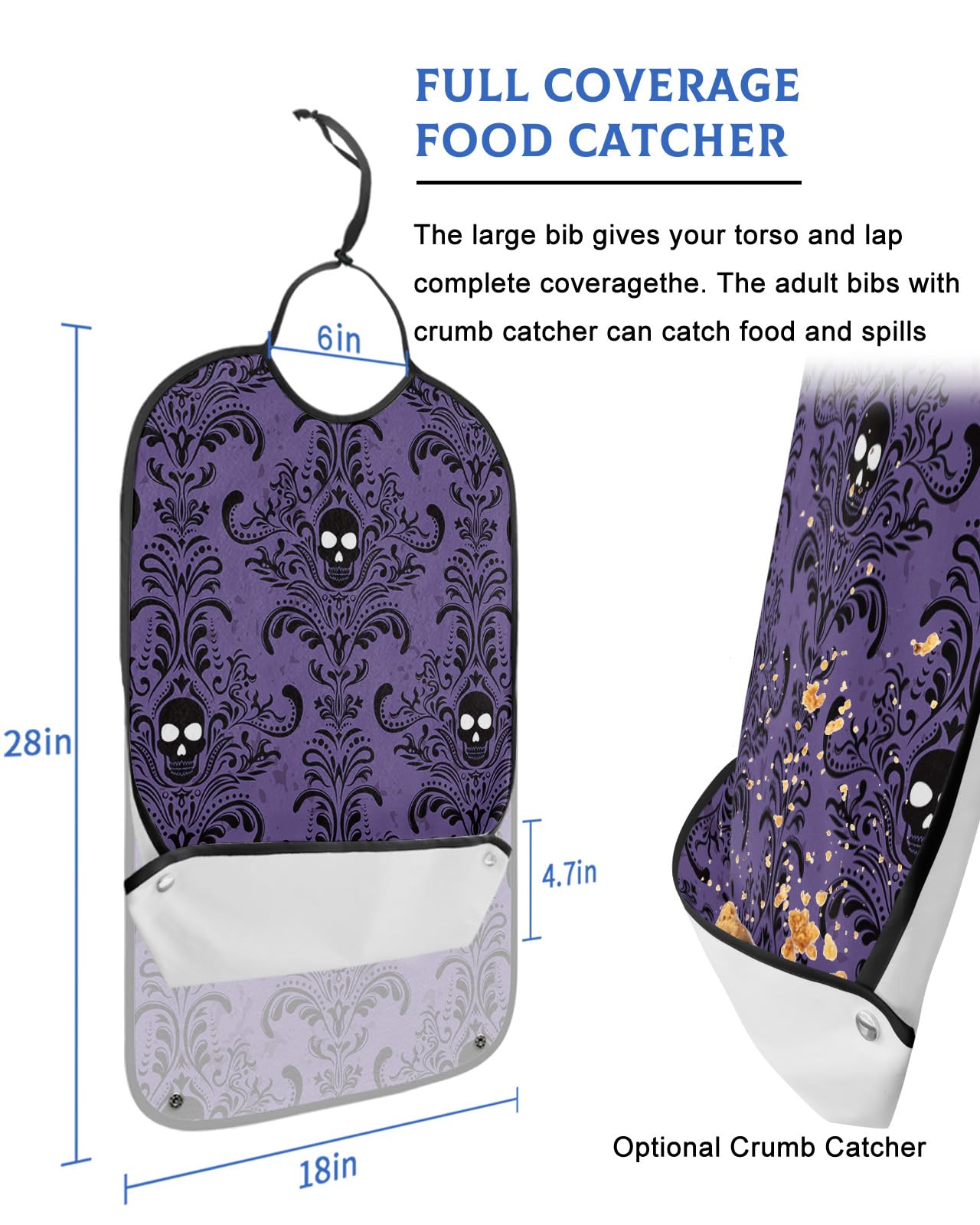 Halloween Adult Bibs for Eating, Waterproof Bibs with Food Catcher & Adjustable Snap Closure, Black Skull Modern Abstract Art Purple Washable Clothing Protectors Adult Bibs for Elderly Women/Men