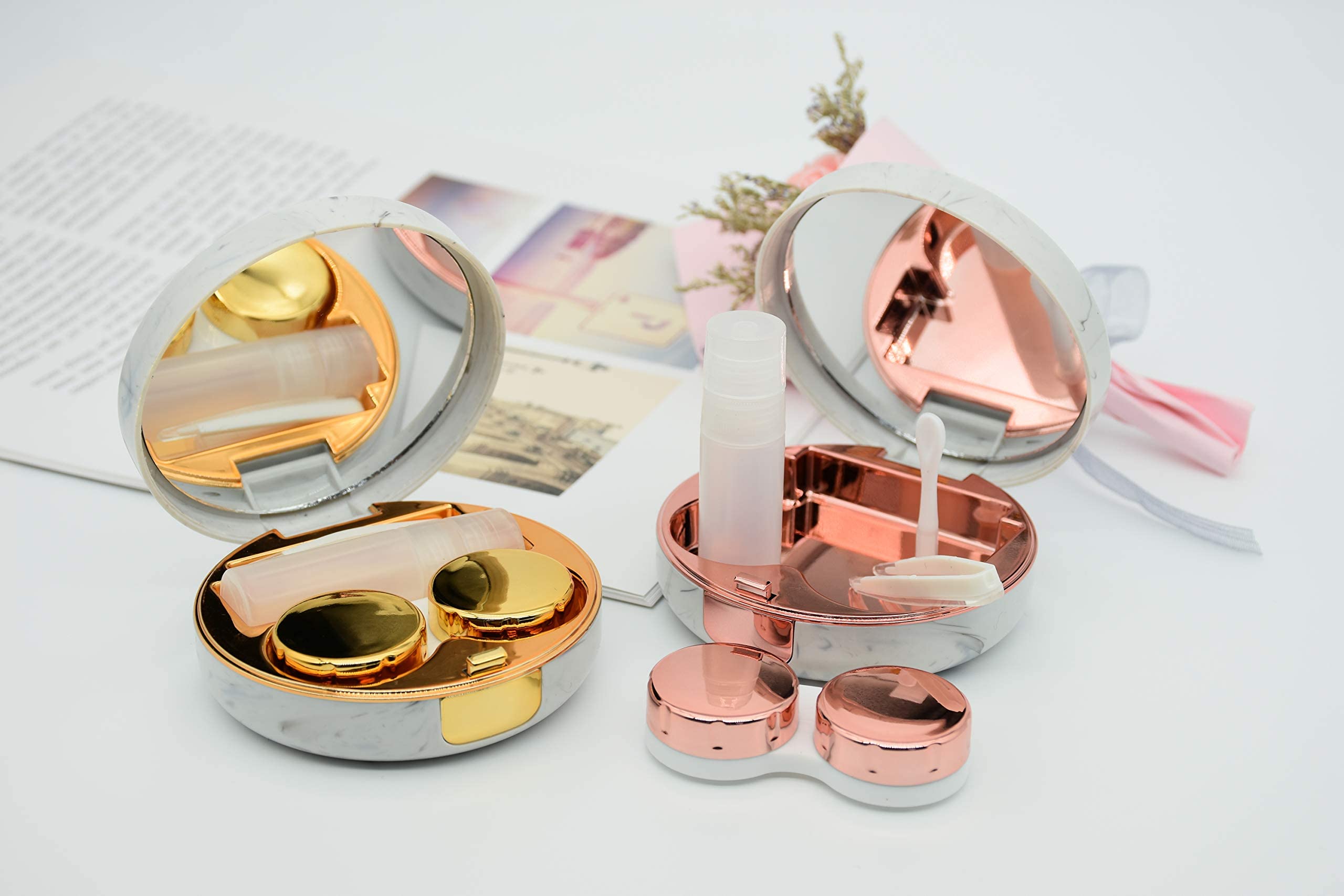 Confezione da 2 custodie per lenti a contatto in marmo, kit di stoccaggio per il contatto da viaggio (oro rosa + oro)
