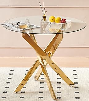 Kitchen Dinner Table Glass Small Round Dining Table, 35.43" Circle Dining Table Dining Room Table with Tempered Glass Top Metal Legs for Small Spaces (Gold-Round 35.43"x29.52")