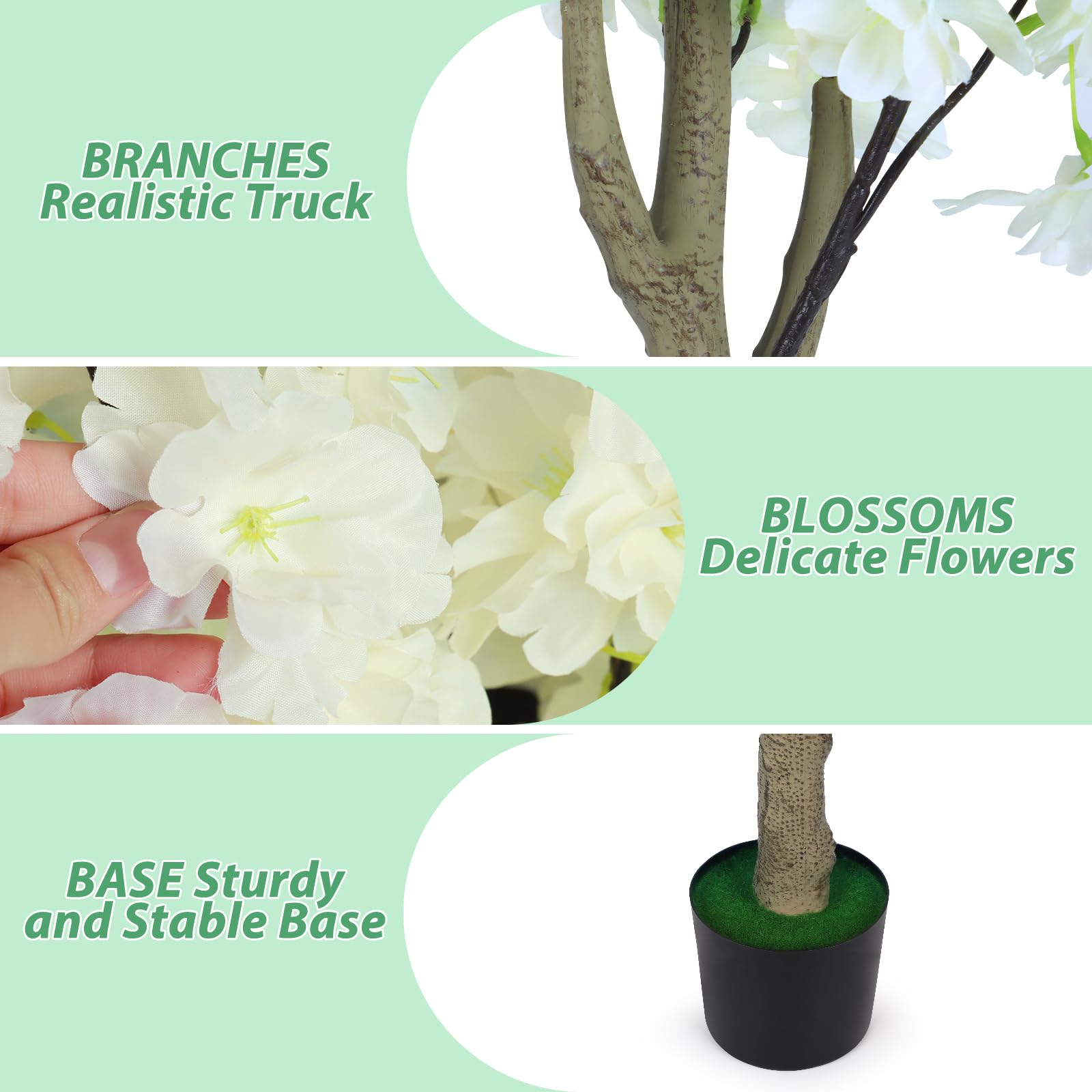 Árbol de Cerezo Artificial Grande 120 cm, Blanco Planta Imitación Floral con Maceta Incluida, Decoración Interior y Exterior para Casa, Eventos y Hoteles
