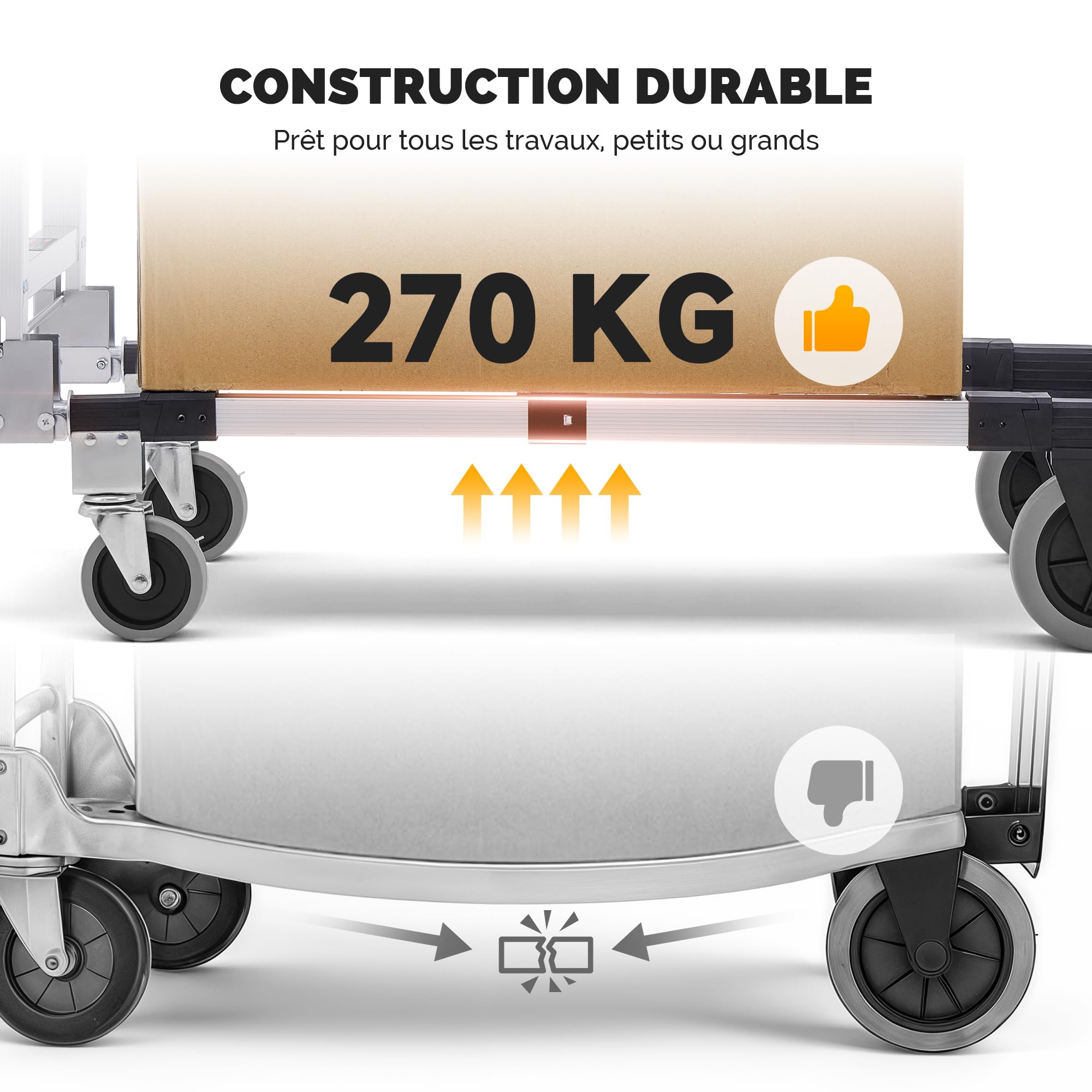 CREWORKS 2 en 1 Diable Pliable Chariot de Déménagement Convertible, Charge 110kg/270kg Hauteur Réglable, Roues Pivotantes Verrouillables, en Alliage d'Aluminium