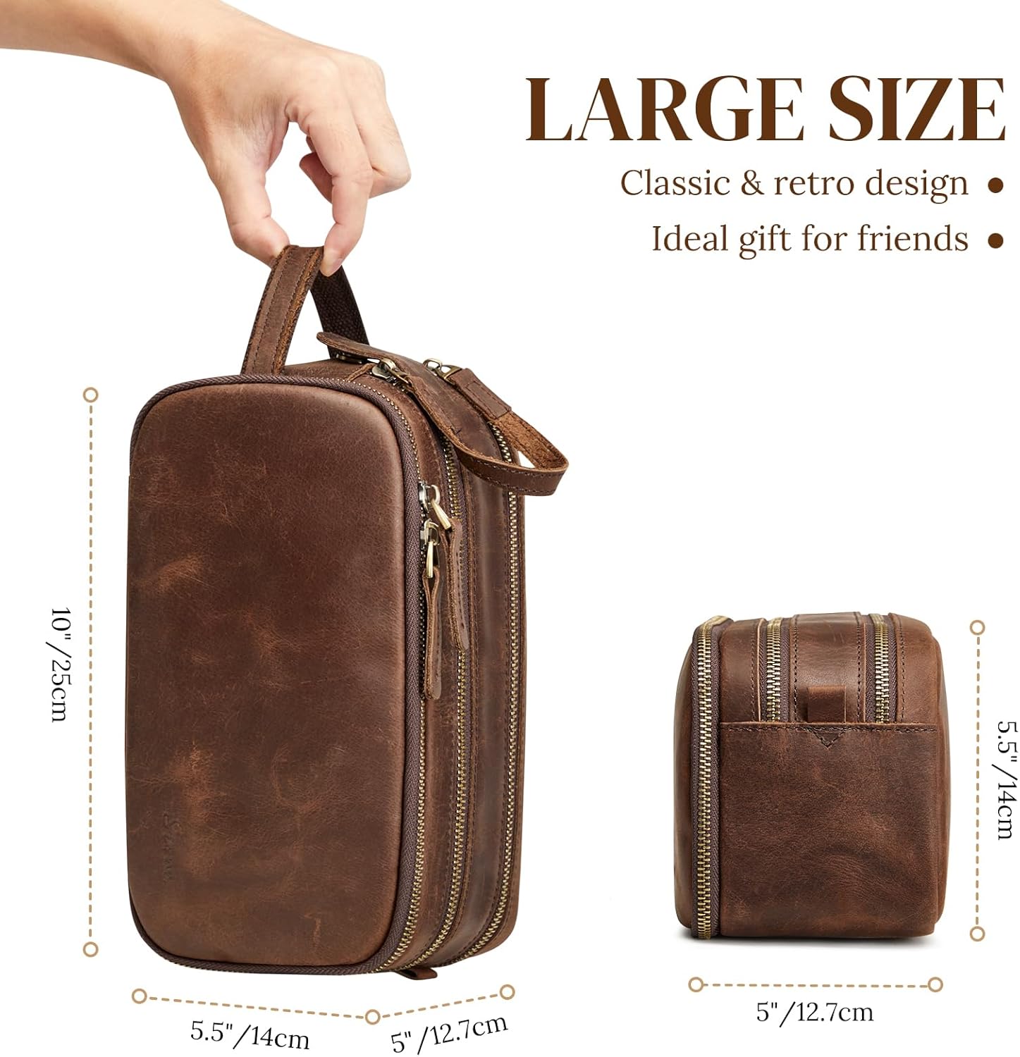 S-ZONE Leather Travel Toiletry Bag for Men Women Traveling Cosmetic Shaving Bags Dopp Kit