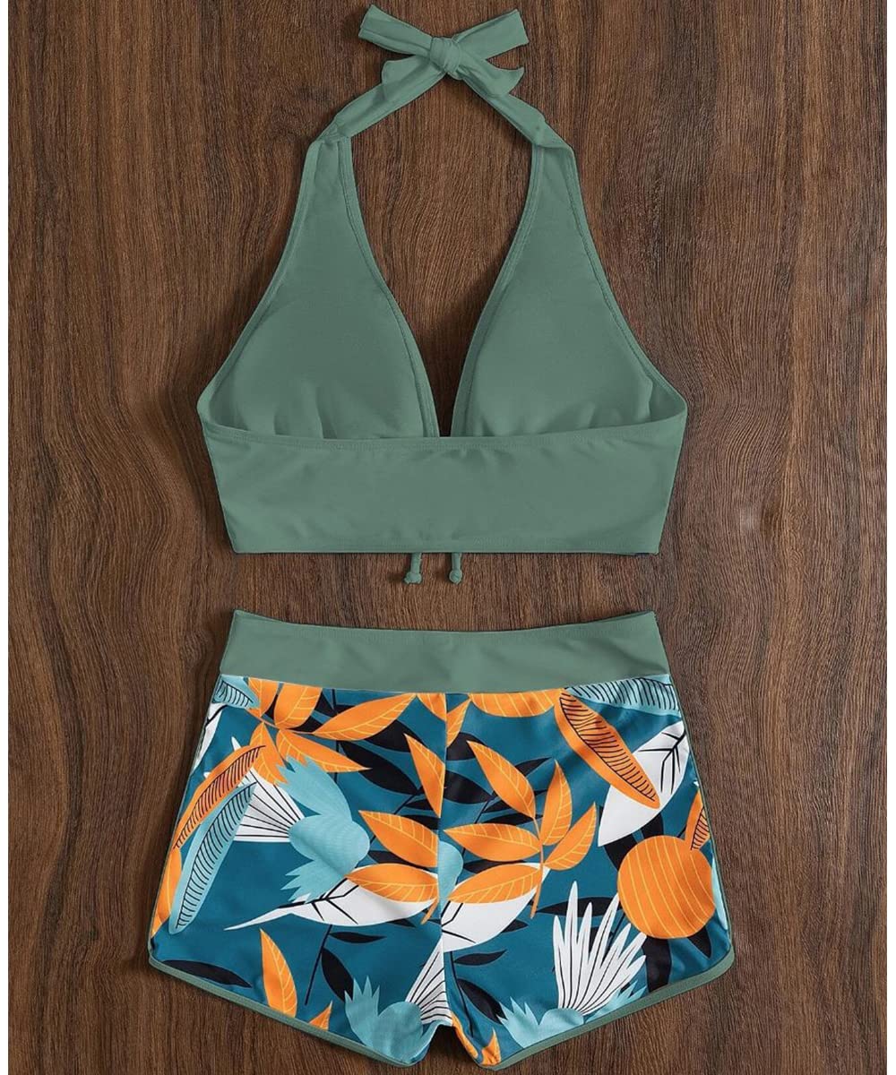 Maillot de Bain Femme 2 Pièces - Ensemble Bikini Taille Haute Rembourré Push Up - Short Uni