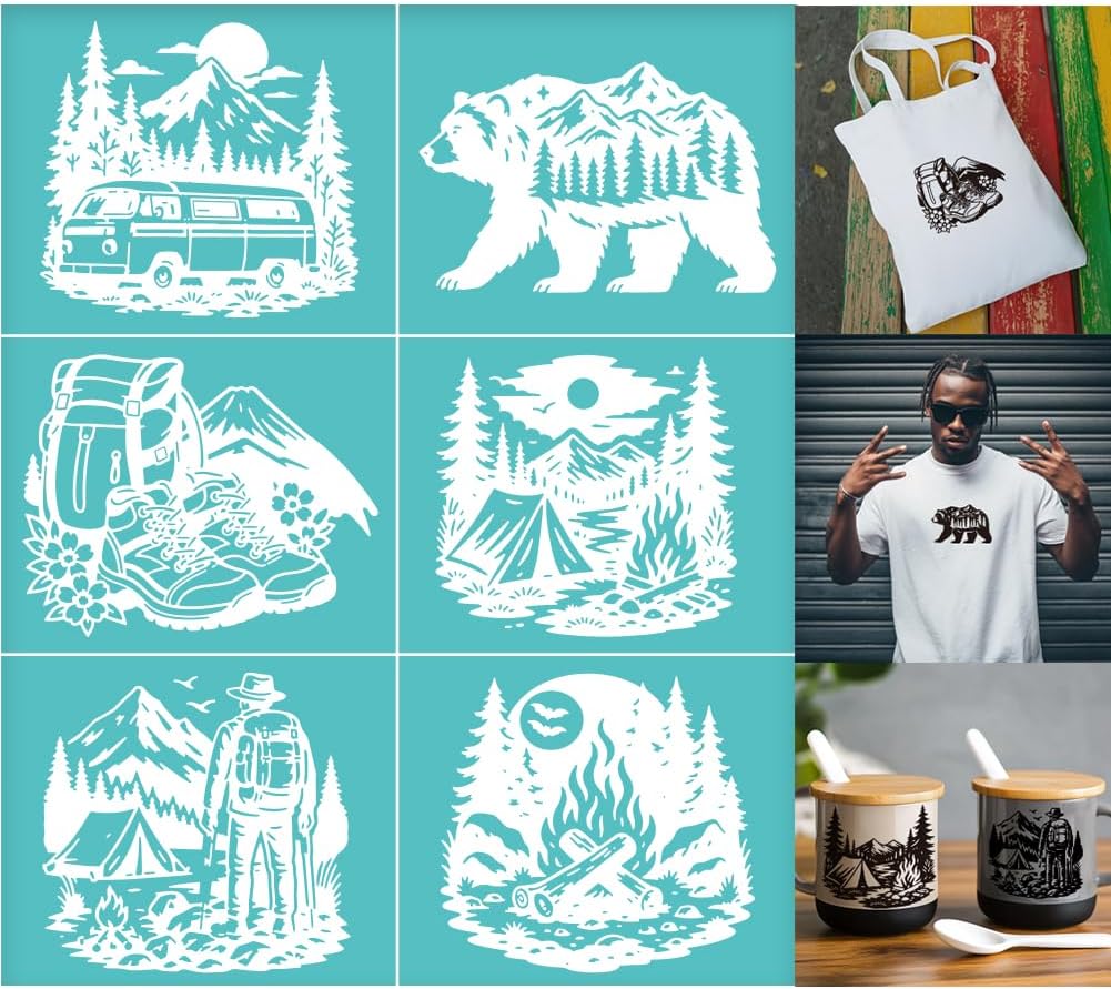 2 Sheets Outdoor Camping Silk Screen Stencil, Shoes Bag Car Bear Forest Reusable Mesh Stencil Self-Adhesive Silk Screen Printing for Wall Border Wood Fabric Home Craft Decor