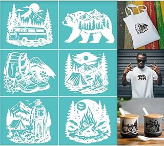 2 Sheets Outdoor Camping Silk Screen Stencil, Shoes Bag Car Bear Forest Reusable Mesh Stencil Self-Adhesive Silk Screen Printing for Wall Border Wood Fabric Home Craft Decor
