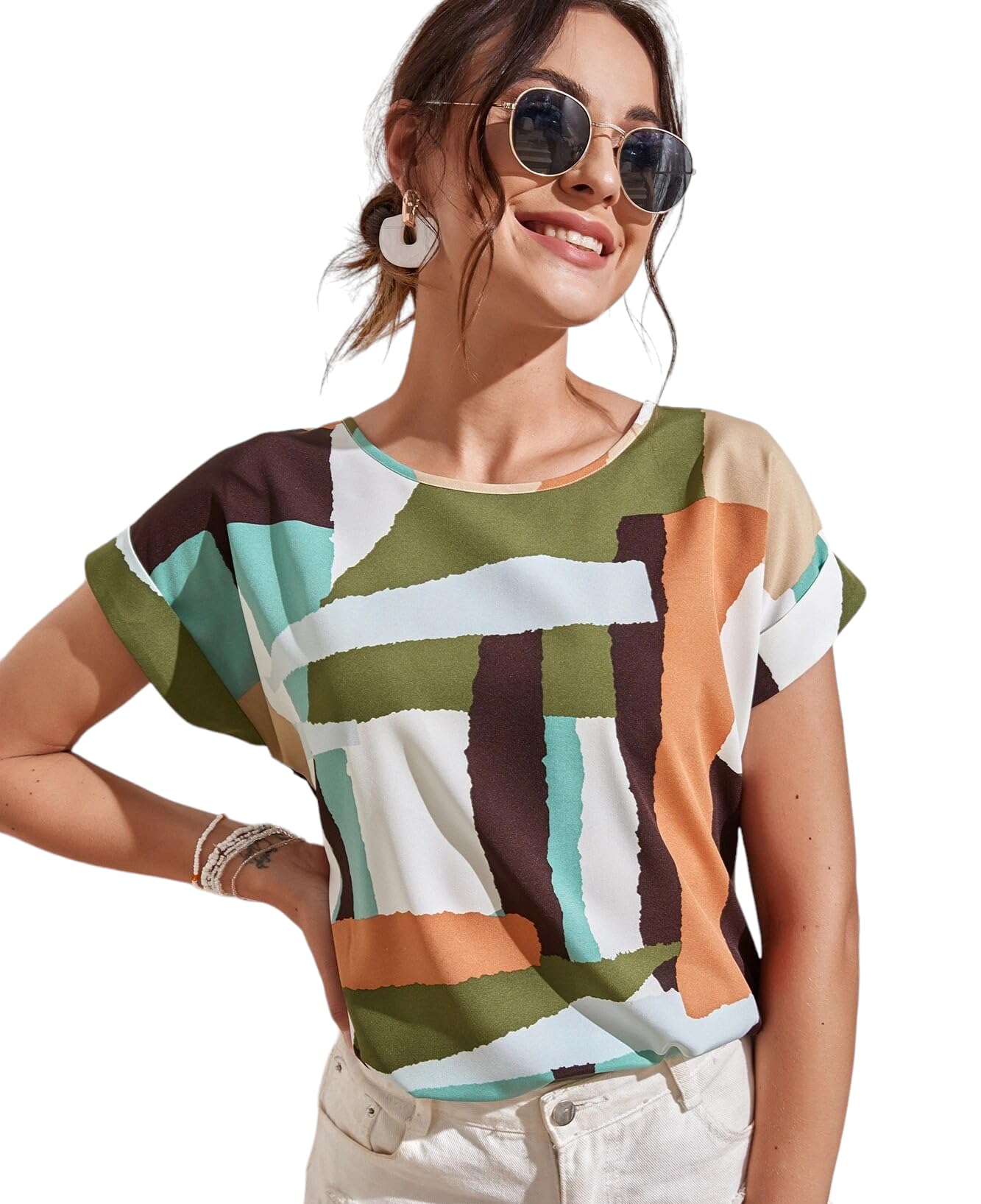 classy fashion Geometric Pattern Batwing Sleeves Regular Fit Top for Girls/Women | Stylish & Lightweight Scoop Neck Casual Top/Tunic (Multicolor)-picture-26