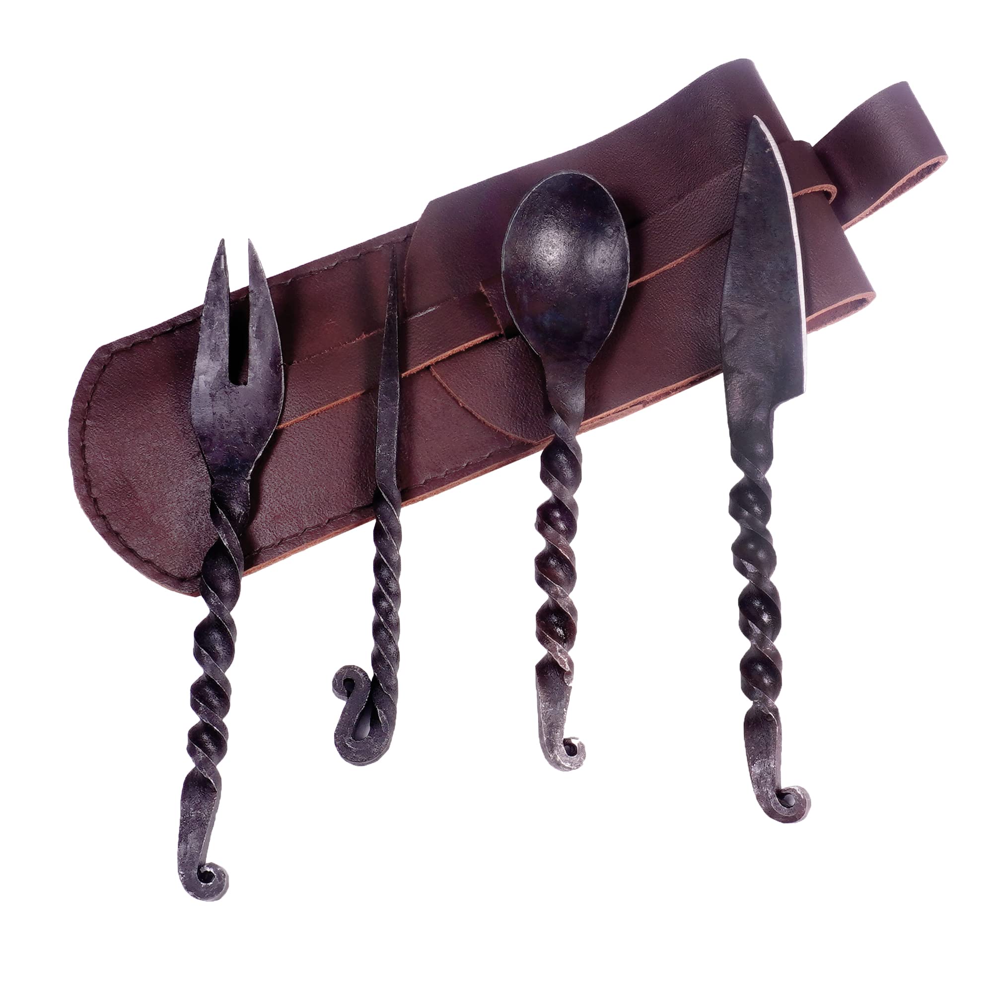 Viking Traders Handgeschmiedetes mittelalterliches gedrehtes Esszimmer-Set mit 4-teiligem funktionalem Gabelmesser, Löffel und Essstäbchen, mittelalterliches Essset, mit Echtledertasche zum Tragen
