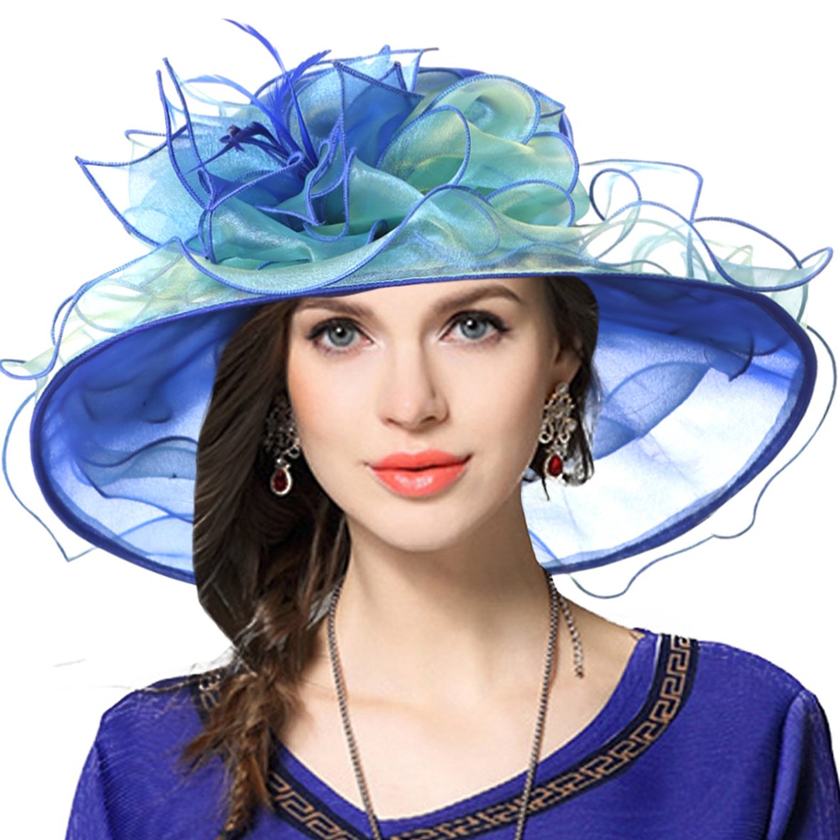 Vecry Women's Blue Organza Church Derby Fascinator Bridal Wedding Hat (Blue)
