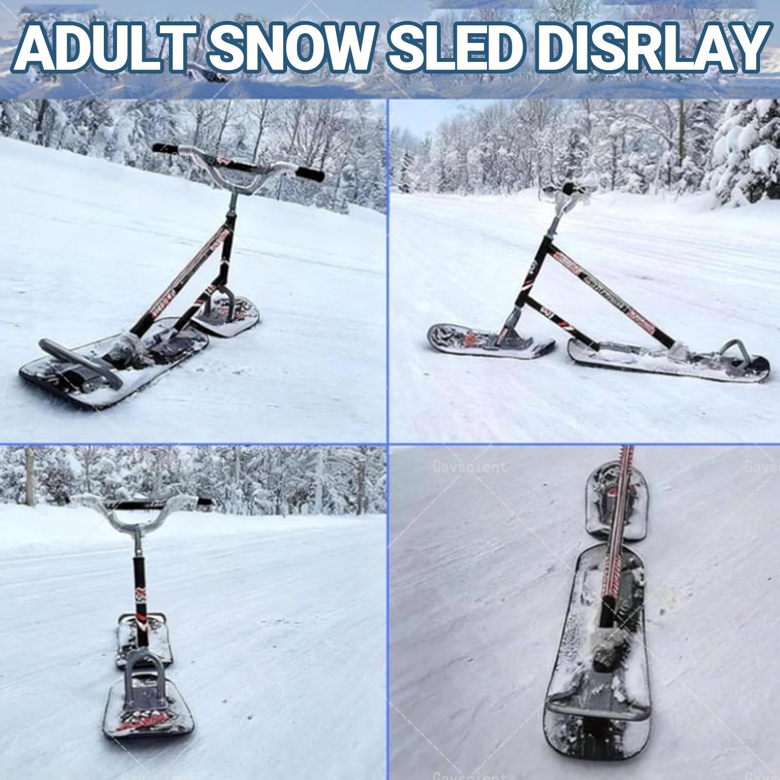 Trottinette de ski tout-terrain pour adulte avec poignée de direction à 360° et design double planche, charge maximale 150 kg, idéal pour la neige tout-terrain et le plaisir des stations de ski
