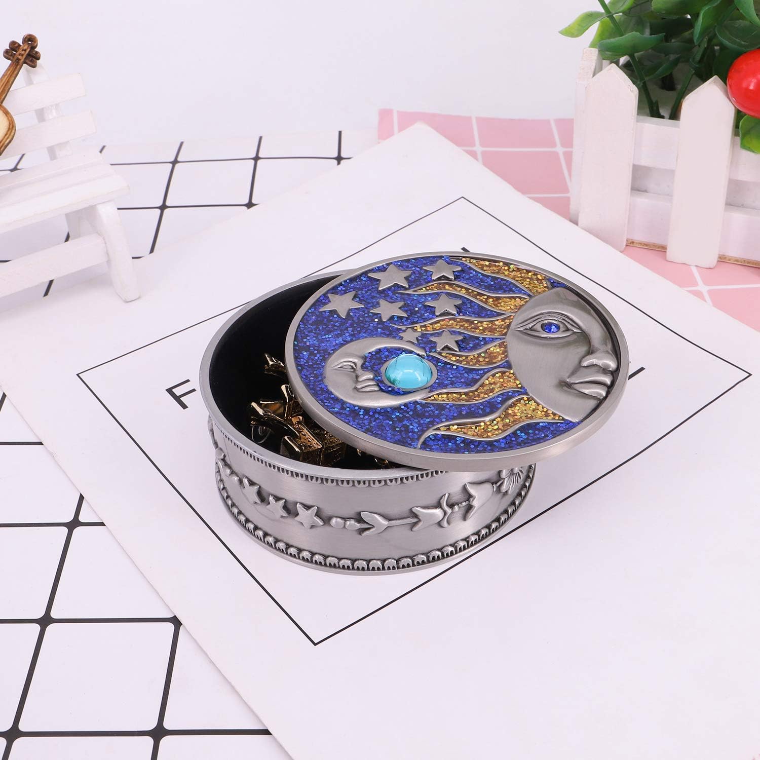 Vintage Sun Moon Jewelry Box with Metallic Star Engraved Classic Retro Silver Jewelry Storage Organizer (Big)