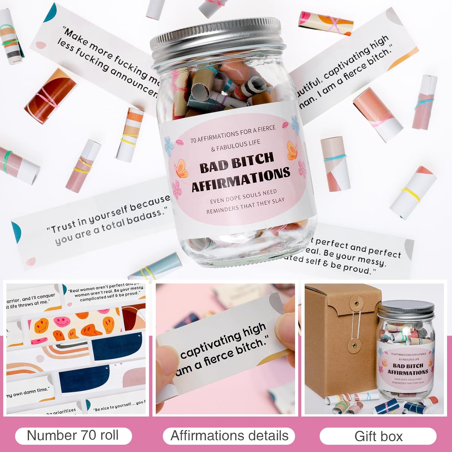 70 Positive Messages jar Funny Affirmation Jar Inspirational Reminders/Positive Jar for Women Wife Sister Friends - Image 3