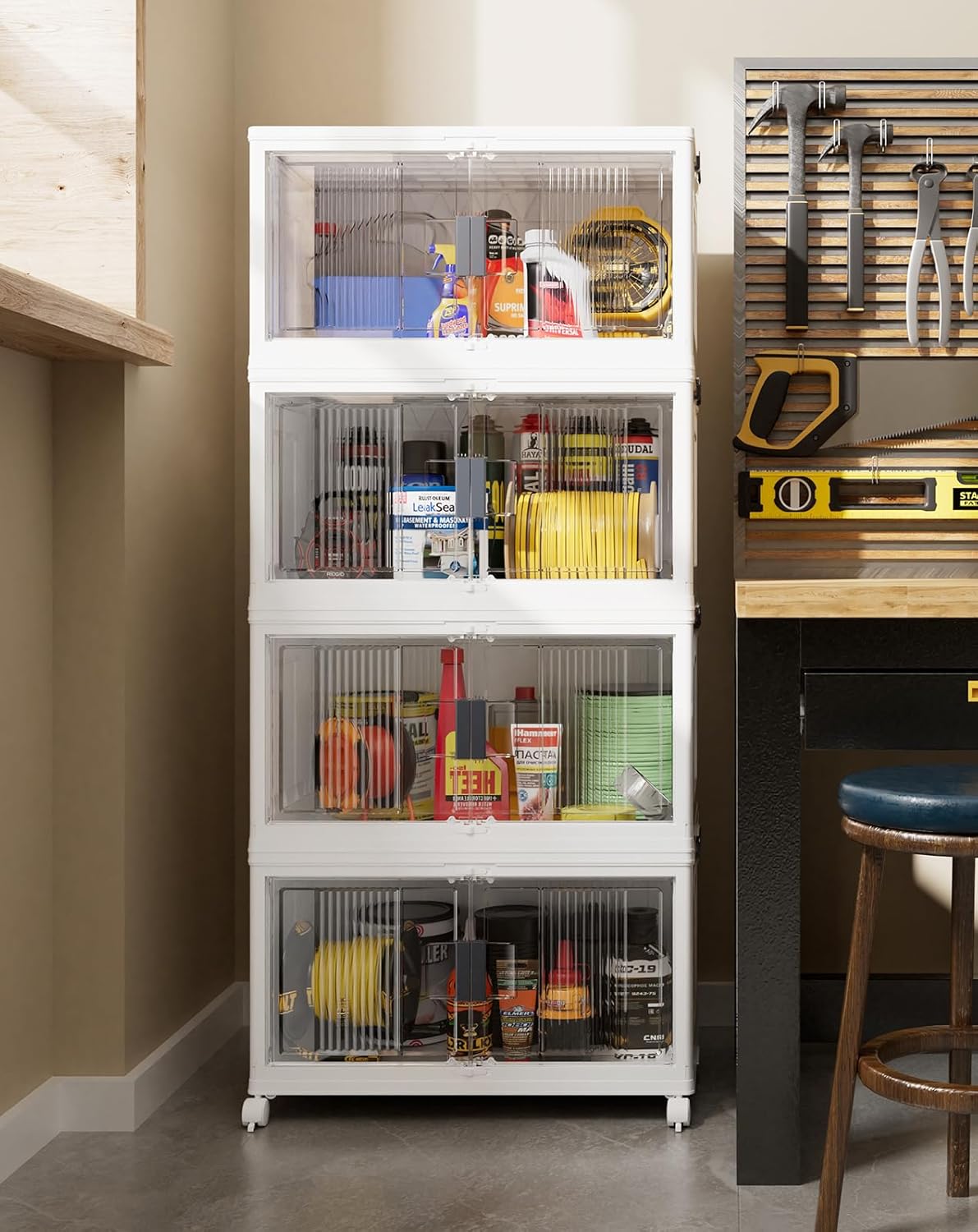 OlarHike 97QT Stackable Storage Bins with Lids - Folding Storage Box with Doors and Wheels, Collapsible Plastic Storage Bins for Closets, Storage Containers, 4 Pack Cubes (Warm Gray)