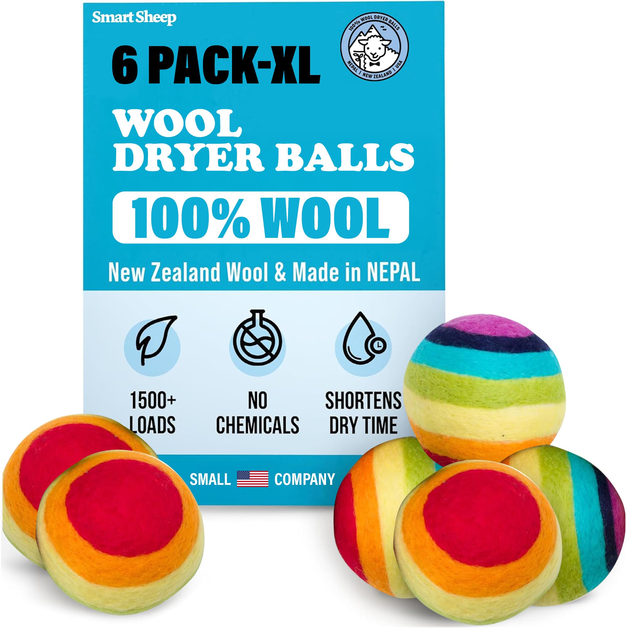 Wool Dryer Balls - Smart Sheep 6-Pack - XL Premium Natural Fabric Softener Award-Winning - Wool Balls Replaces Dryer Sheets - Wool Balls for Dryer - Laundry Balls for Dryer (Colorful World)