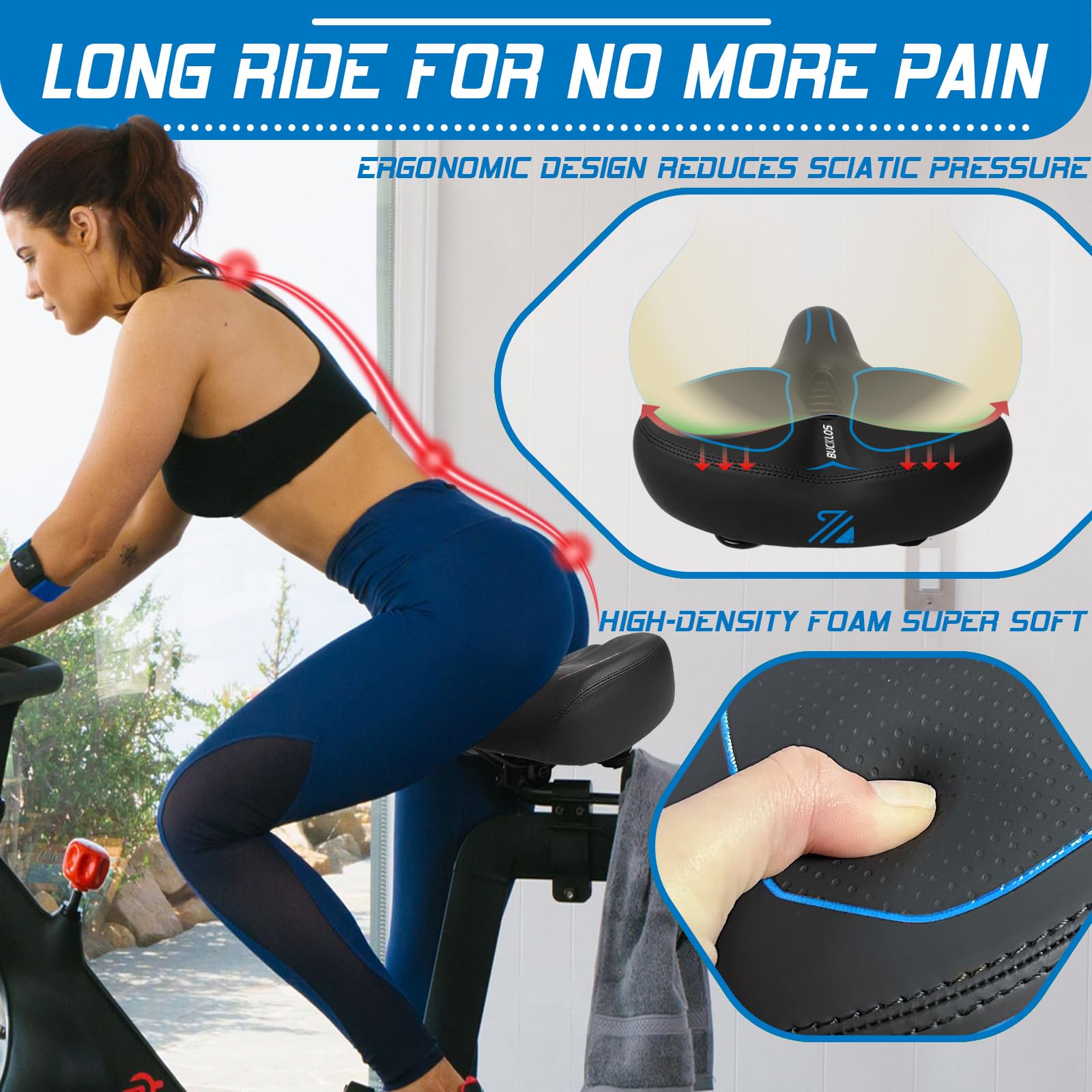 BUCKLOS Bequemes extra breites Fahrradsitzkissen für Damen und Herren, Heimtrainer/Stationär/Peloton/Spin-Fahrradsitze Komfortschaum gepolstert, wasserdichte Fahrradsättel mit doppeltem stoßdämpfendem