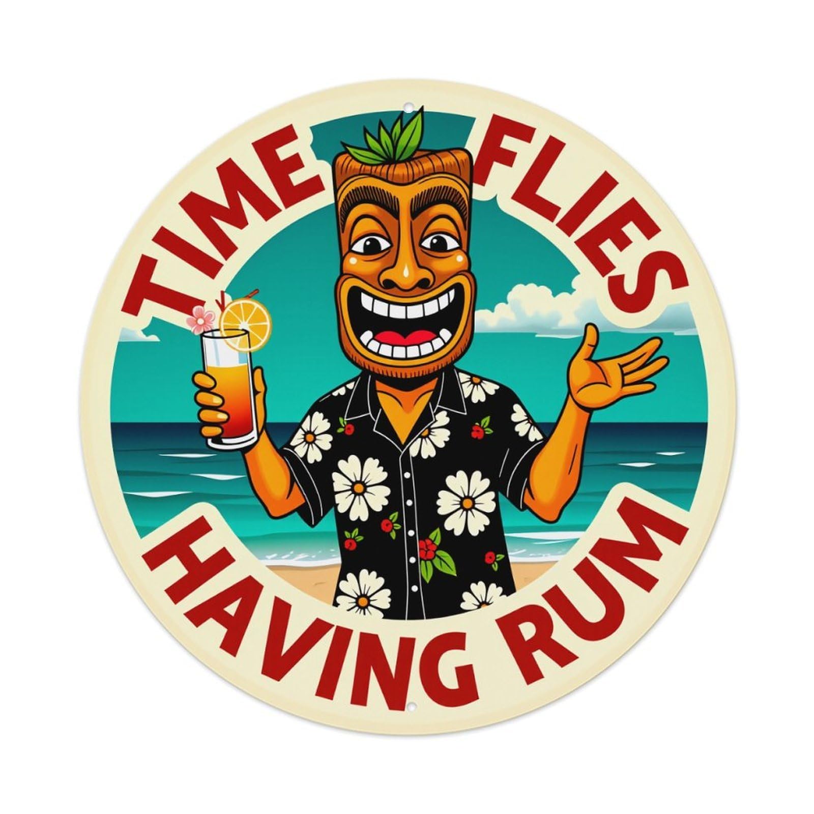 Tiki Man Holding Cocktail Beach Scene Round Tin Sign Vintage Metal Poster Retro Bar, Home, Man Cave, Kitchen, Laundry Room Wall Art Decor Gift 8x8In