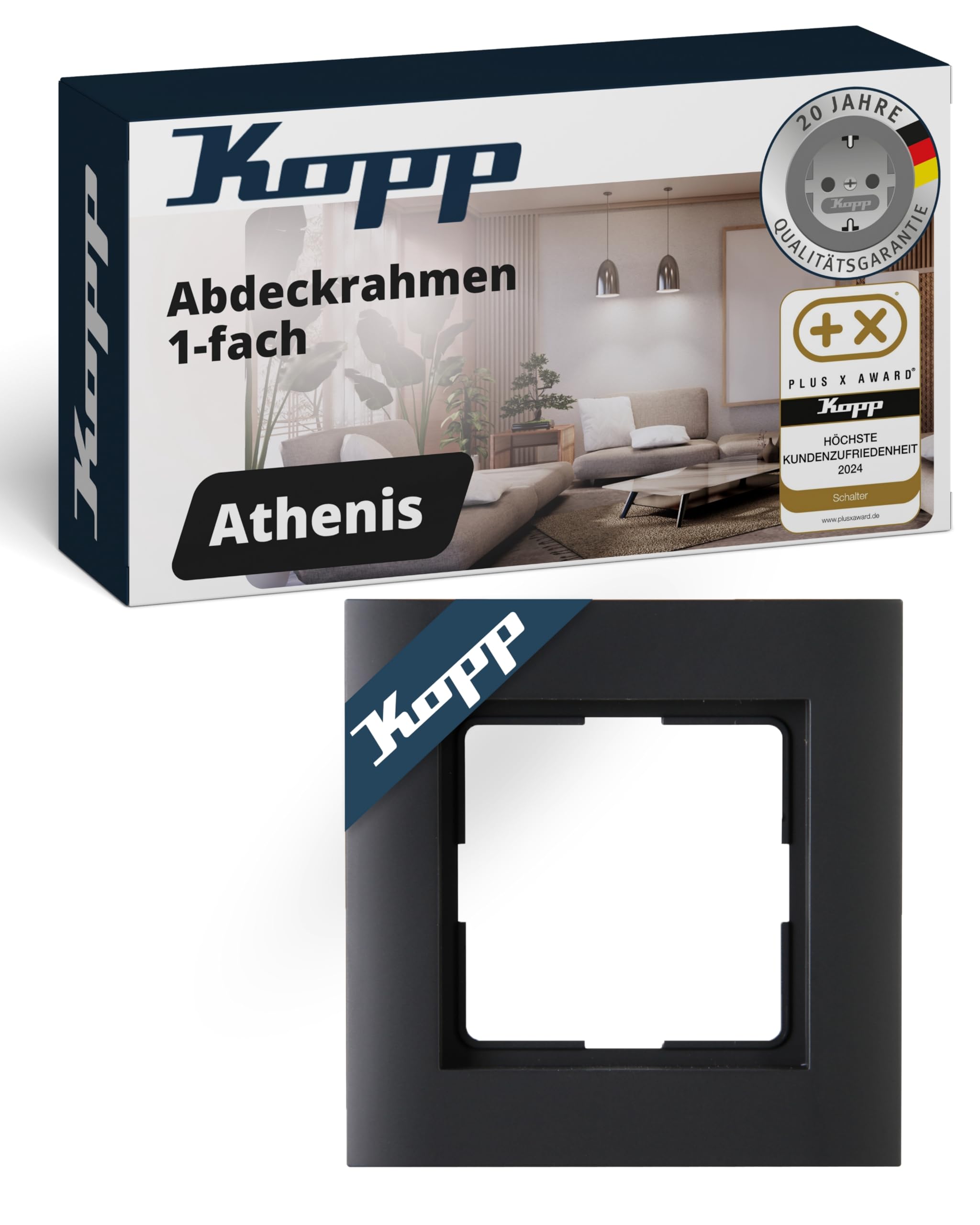 Kopp ATHENIS 1-fach Abdeckrahmen in Anthrazit - 86 x 86 x 9,5 mm - Rahmen für Steckdosen & Schalter - Eleganter Steckdosenrahmen aus mattem Kunststoff - Hochwertiger Lichtschalter-Rahmen