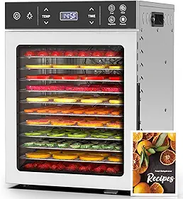 HOPERAN - Desidratador de alimentos - 12 bandejas de aço inoxidável, máquina desidratadora elétrica de 800 W com 4 pré-definidos, temporizador ajustável, controlo de temperatura, secador de