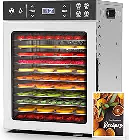 HOPERAN - Desidratador de alimentos - 12 bandejas de aço inoxidável, máquina desidratadora elétrica de 800 W com 4 pré-definidos, temporizador ajustável, controlo de temperatura, secador de