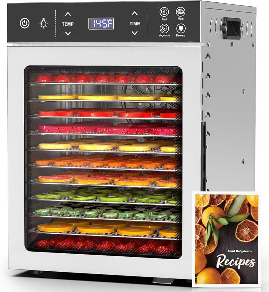HOPERAN - Desidratador de alimentos - 12 bandejas de aço inoxidável, máquina desidratadora elétrica de 800 W com 4 pré-definidos, temporizador ajustável, controlo de temperatura, secador de