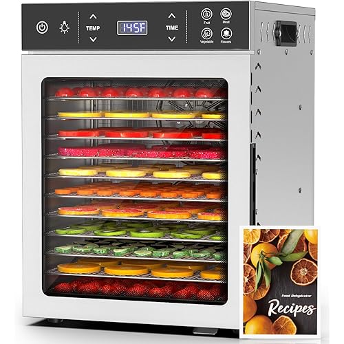 HOPERAN Food Dehydrator - 12 Stainless Steel Trays Dehydrators, 800W Electric Dehydrator Machine with 4 Presets, Digital Timer & Temperature Control for Herb, Dog Treats,Meats & Veggies (12 Trays)