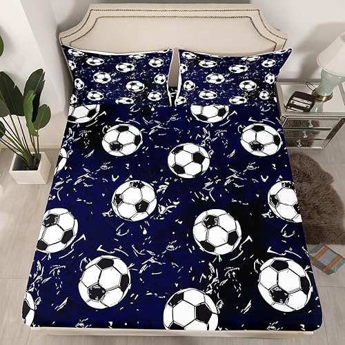 Miniatura 2 de Sábana bajera ajustable de fútbol para niñas y niños, juego de ropa de cama con temática de pelota de fútbol, diseño de pelota de fútbol, juego de