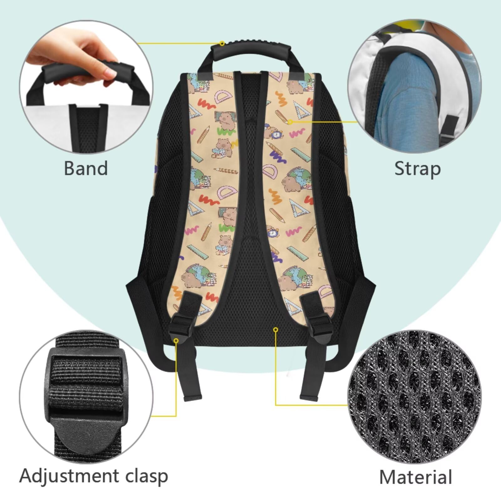 Renewold 5-teiliges Schulranzen-Set für Mädchen, Rucksack für Kinder, Teenager, Rucksack mit Lunchbox, Federmäppchen, Lesezeichen, für Grundschule und Mittelschule, Niedliches Capybara-Schreibwaren