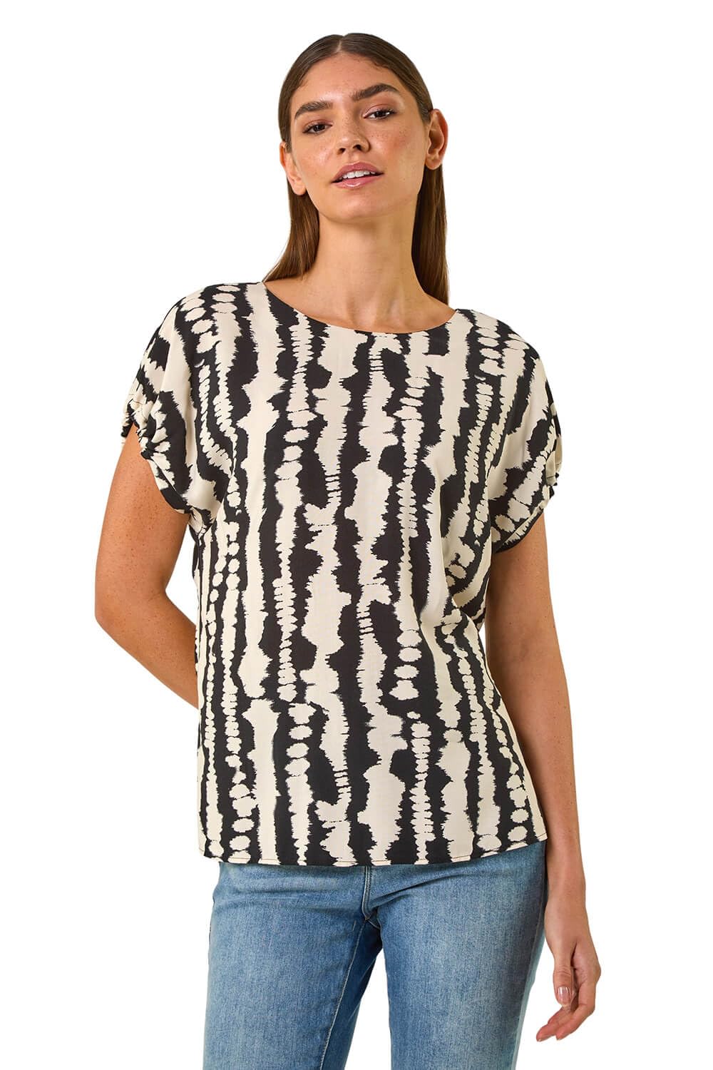 Roman Originals Women's Black Abstract Print Top For Uk - Everyday Holiday Spring Summer Round Neckline Comfy Soft Evening Vacation Work Party - Size 18
