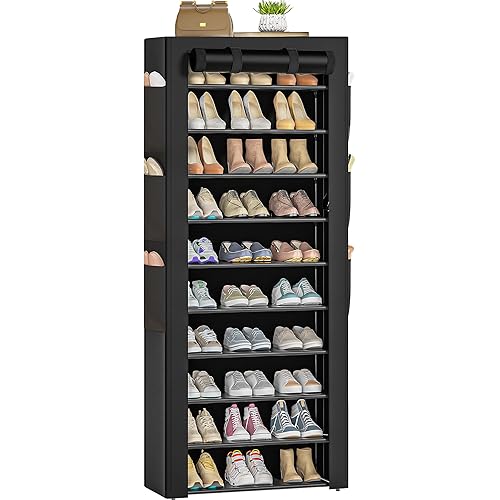 Large Shoe Rack, Black, 6 Side Pockets, 23.6" Wide x 11.4" Deep x 68.9" Tall, 36-41 Pairs of Shoes