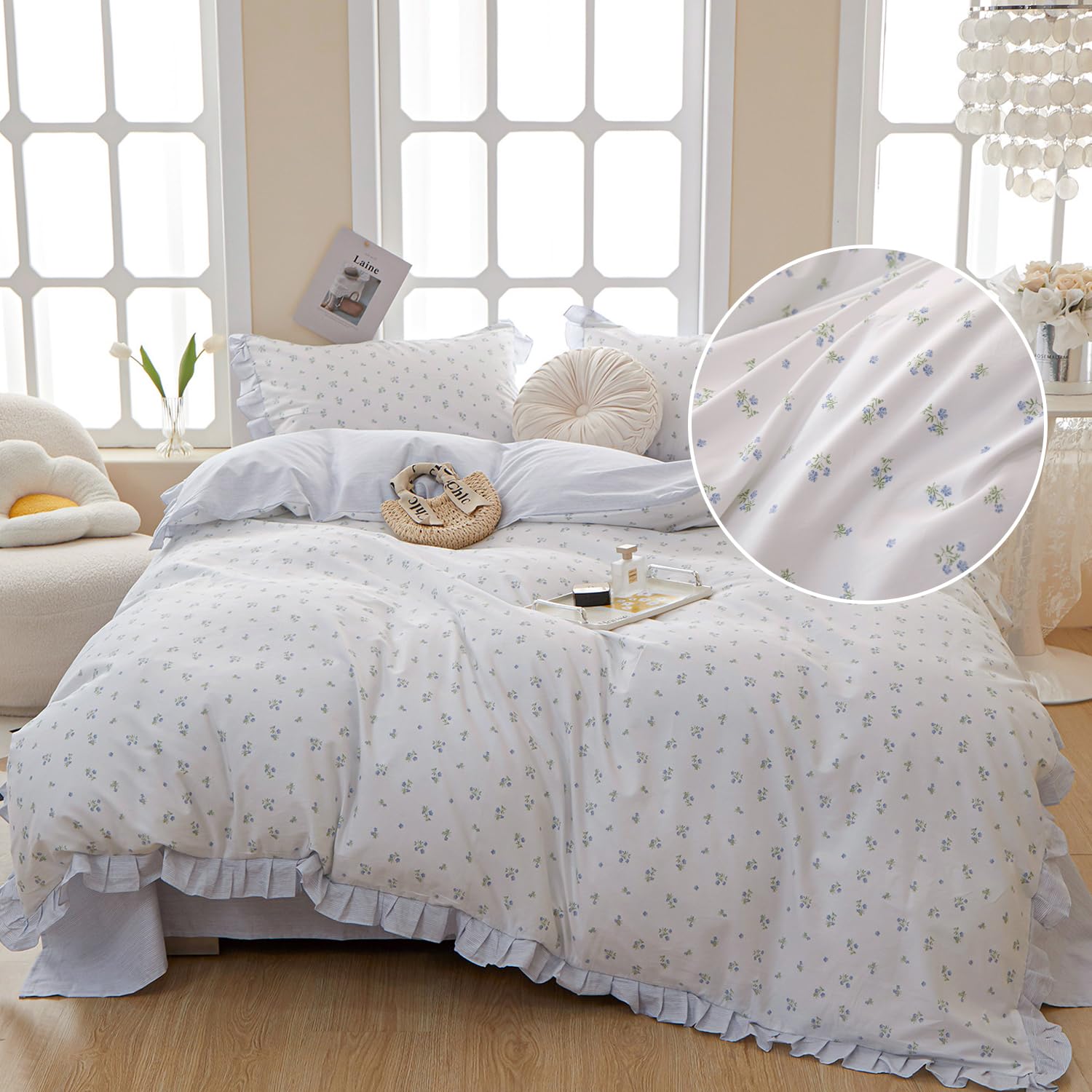 Coquette Twin XL Ruffle Botanical Bedding Comforter Set with 2 Pillowcases - Blue Floral Cottagecore Aesthetic — image 1