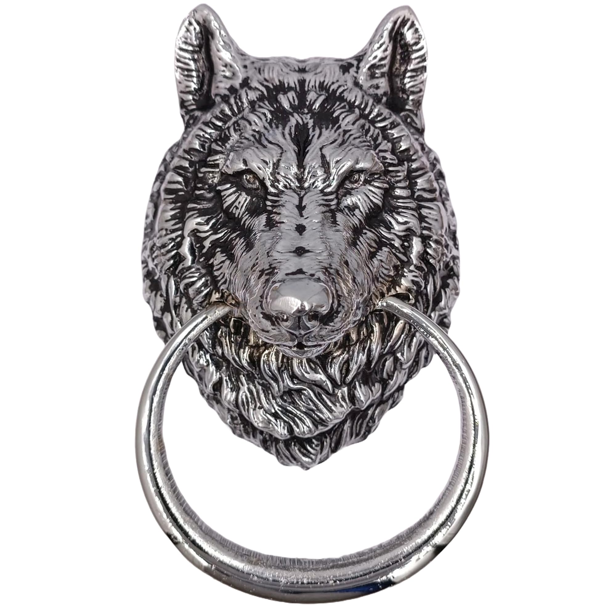 Anatolica Antique Silver Wolf Head Door Knocker,6.3 Inches Tall,Solid Brass,Wolf Front Door Ornament(Antique Silver)