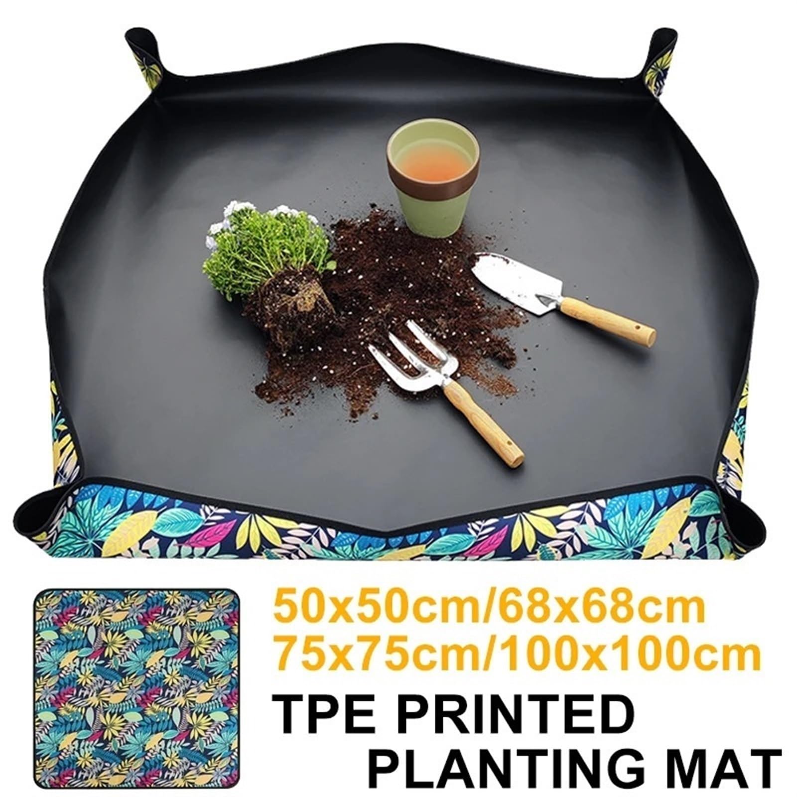 1 pièces 50cm-100cm Tapis de Plantation Peint imperméable à l'eau Tapis de rempotage Pliable Plante de Jardin Pot de Fleur Tapis de Transplantation Tapis de Jardinage(100x100cm)
