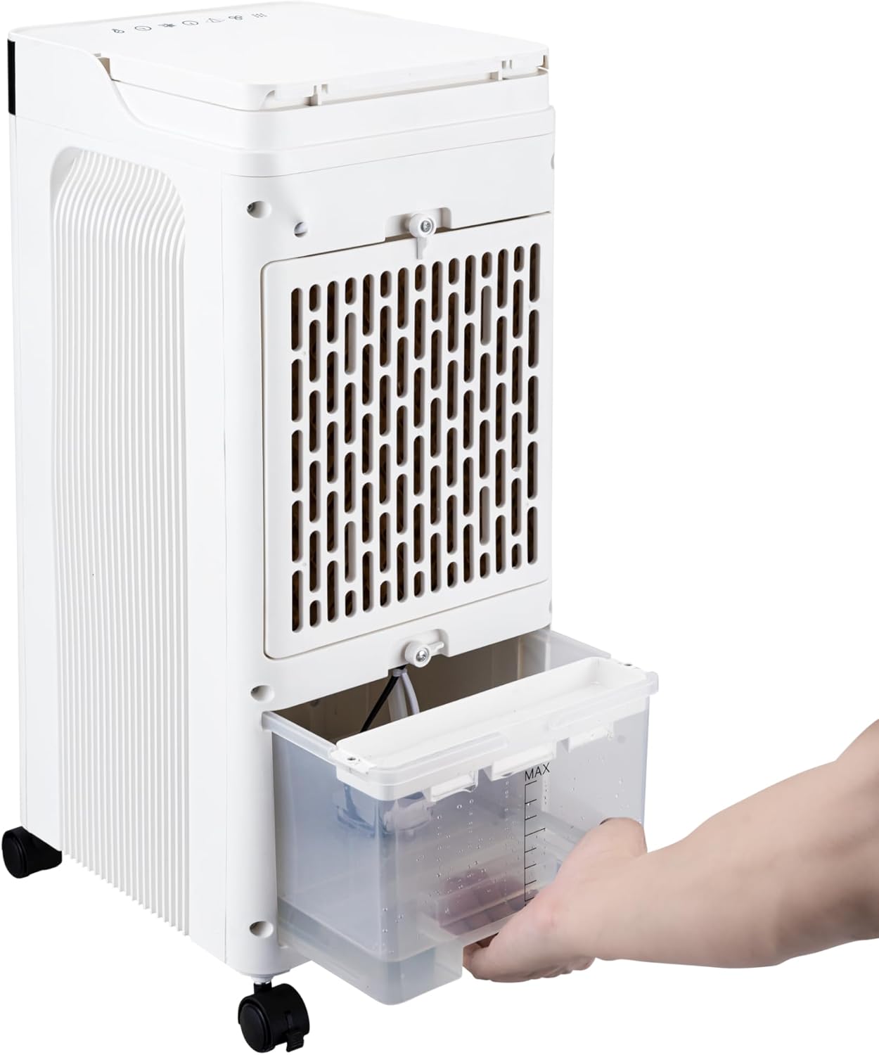 Hand pulling out the water tank from the Honeywell CS077XEUI Air Cooler