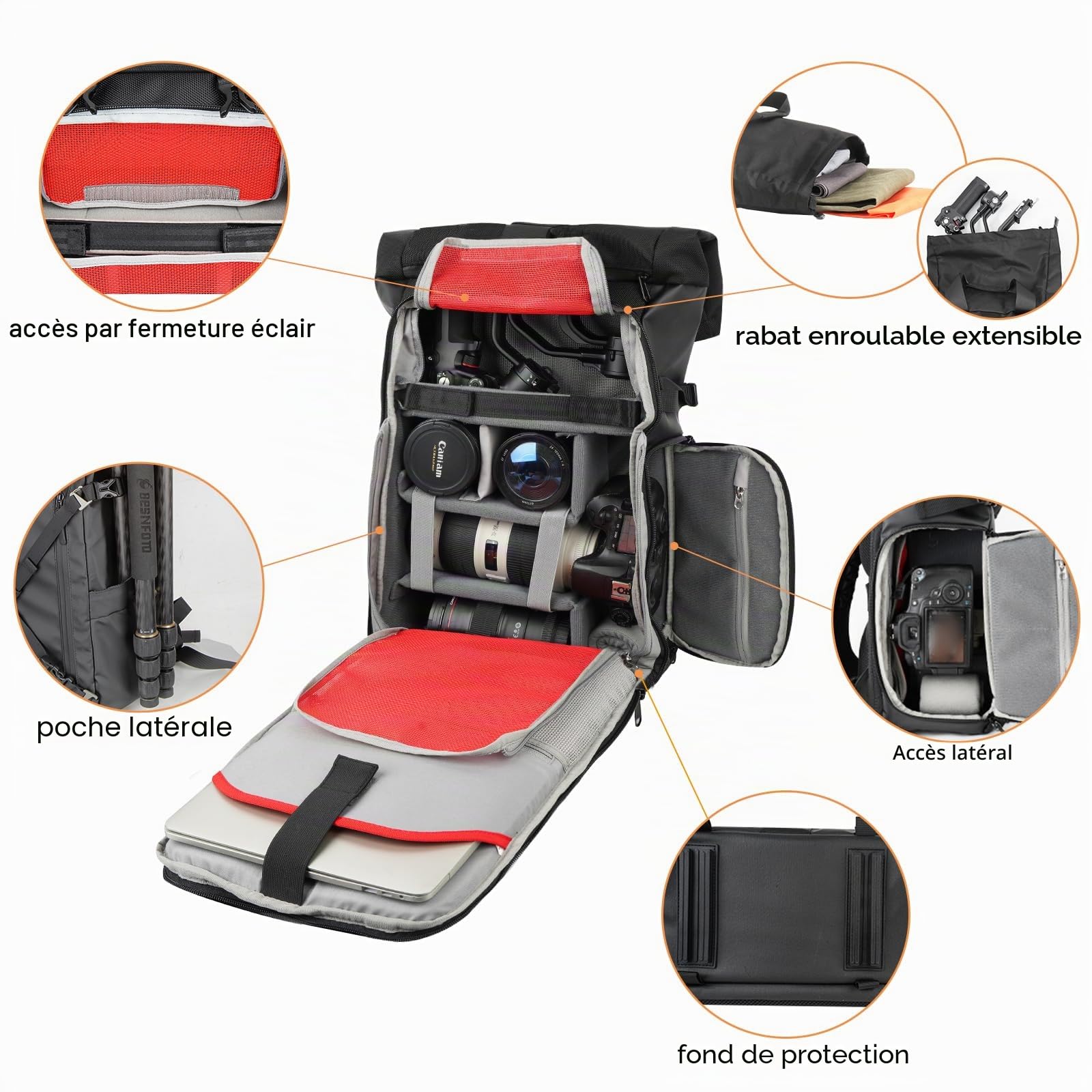 Sac à dos pour appareil photo avec compartiment pour ordinateur portable, accès latéral rapide pour randonnée, voyage, photographes, appareils photo reflex numériques étanches