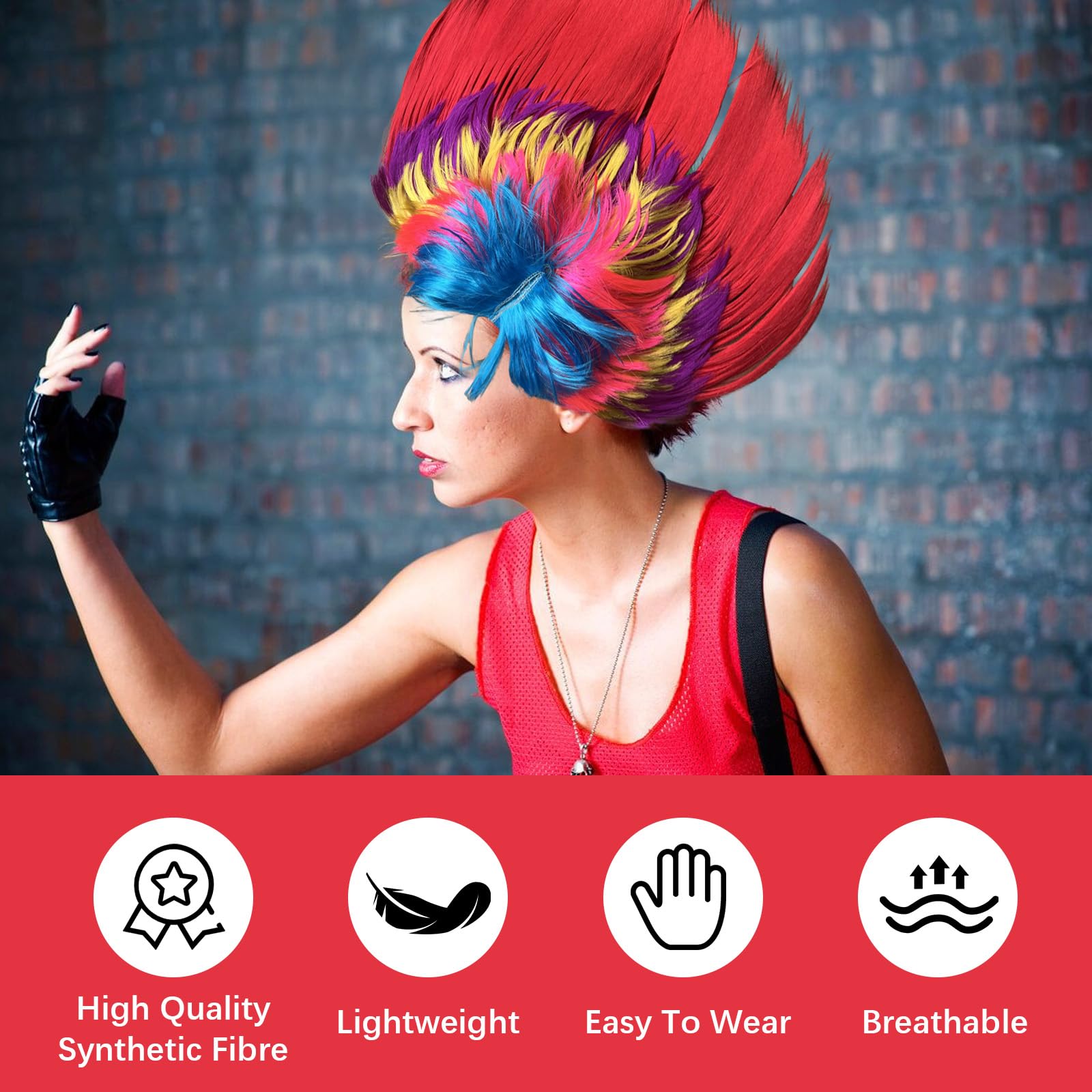 Leogony Punk Mohican Wig, Multi-Coloured 80s Rocker Funny Wigs for Fancy Dress Party Accessories, Multicolor - Image 4