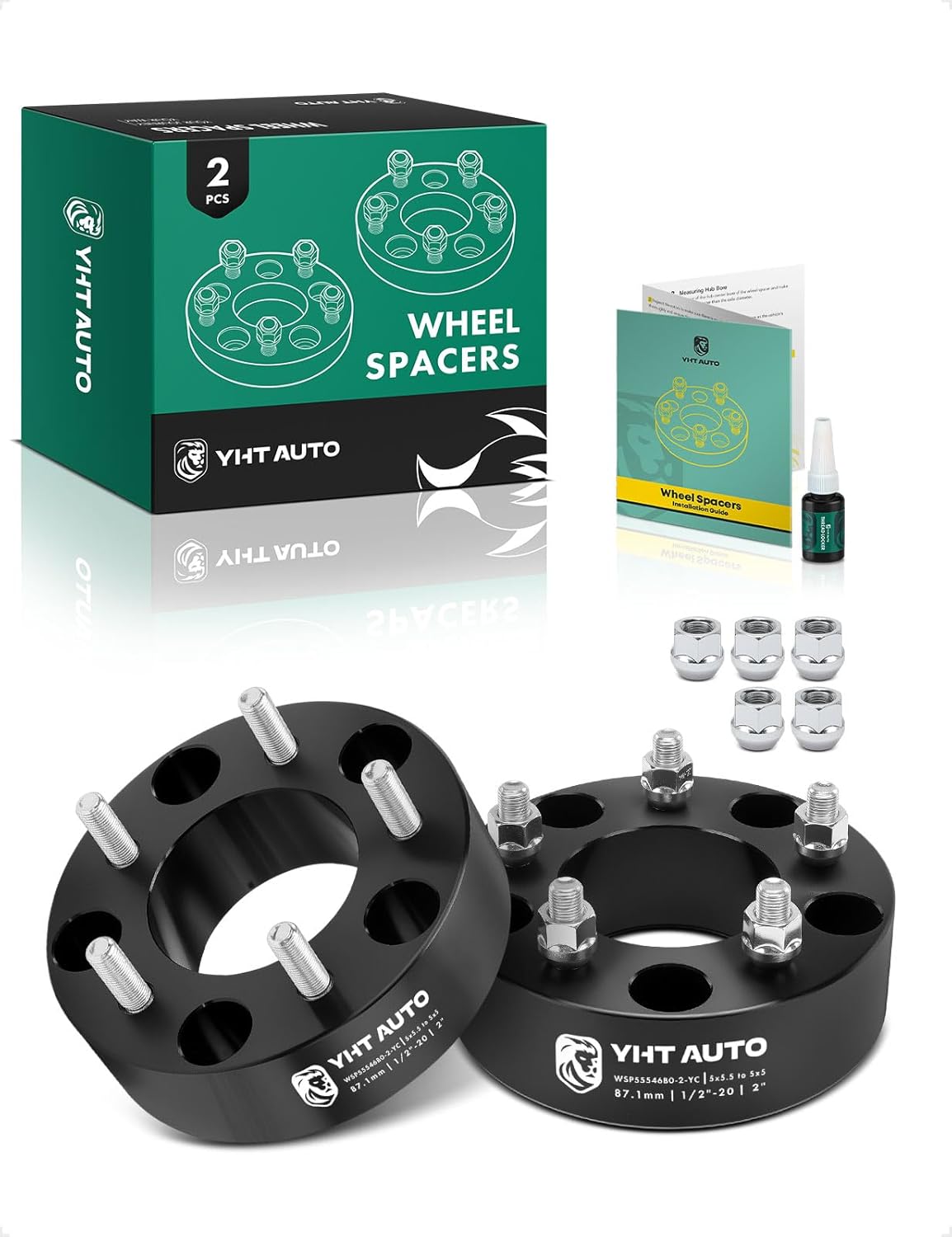 YHTAUTO 5x5.5 to 5x5 Wheel Adapters 2" Compatible with Dodge Ford Jeep Models: F-150 Ram 1500 Bronco CJ, Tire Spacers w/1/2-20 & 12.9 Grade Studs, 87.1mm Center Bore 5 Lug 2PCS Black