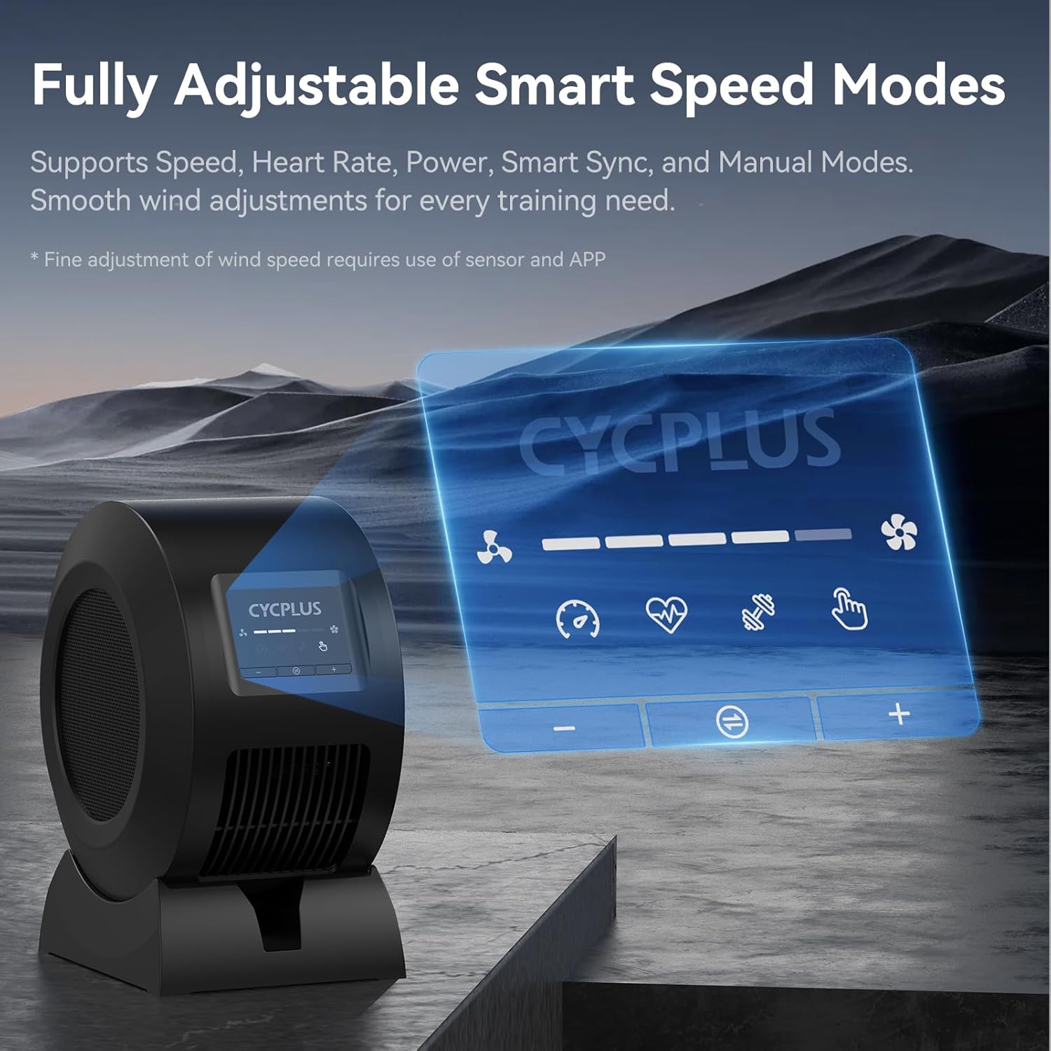 Diagram showing the assembly steps for the CYCPLUS Smart Indoor Cycling Fan F1 with the ground base.