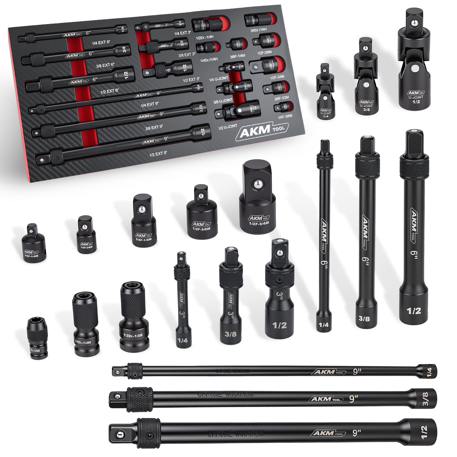 Photo 1 of 20 Piece Locking Impact Socket Extension Set, 3" 6" 9" Extension Bars, 1/4" 3/8" 1/2" Drive, Quick Release Locking Collar, Cr-v Steel, Universal Joints, Bit Socket Adapters, Socket Adapters