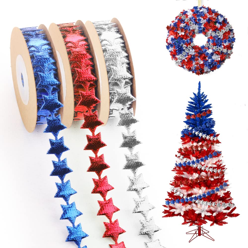 Threetols 3 Rolls 15 Yards Patriotic Star Ribbons, Blue Red Silver Glitter Ribbons Patriotic Star Shape Craft Ribbon Trim Embellishment for Gift