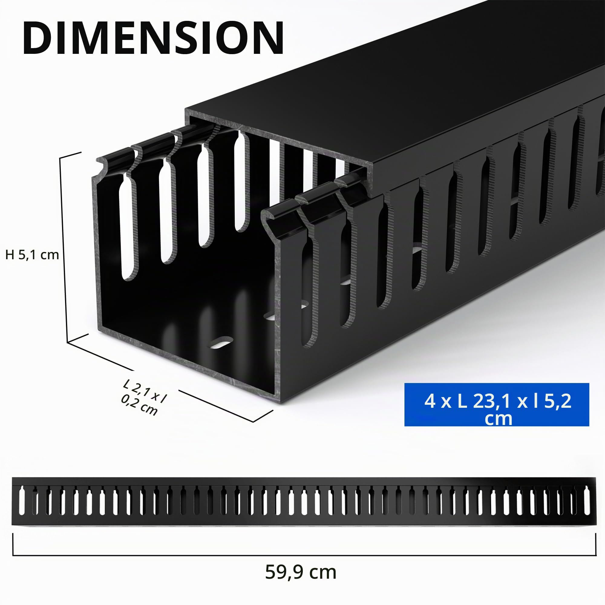 ZhiYo Chemin de câbles professionnel pour armoire serveur de 240 cm de long (4 x 60 cm), chemin de câbles de 5 x 6 cm (H x l) - PVC électriquement sûr, fentes ouvertes pour dissimuler des câbles sous