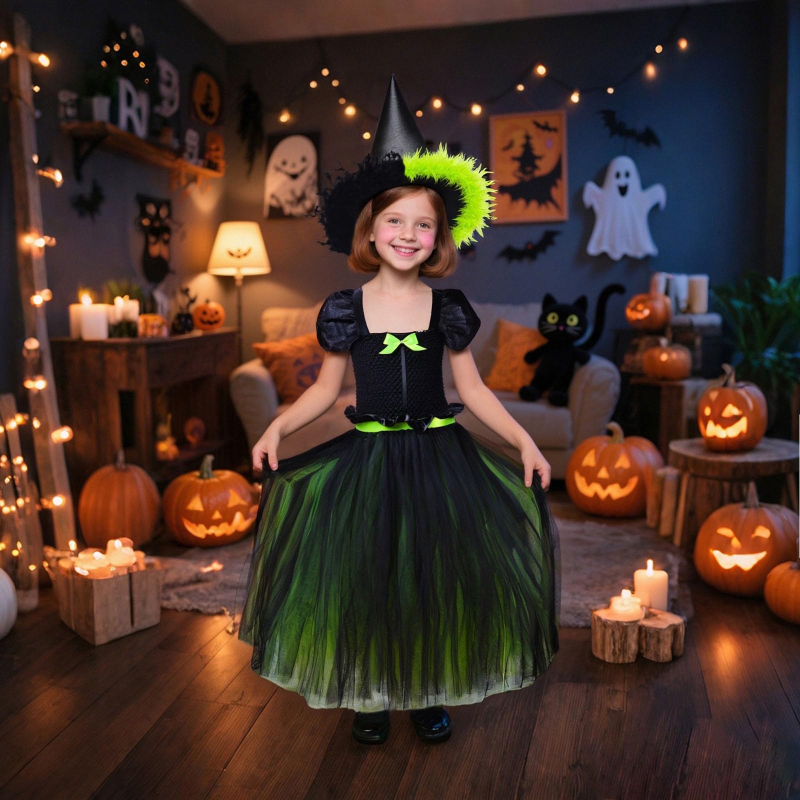 Deguisement Halloween Enfant Sorciere Costume Classique pour Fête À Thème Carnaval Robe Sorcière Jeu Fille 3-8Ans Bebe Ensemble Vêtements Déguisement Magique