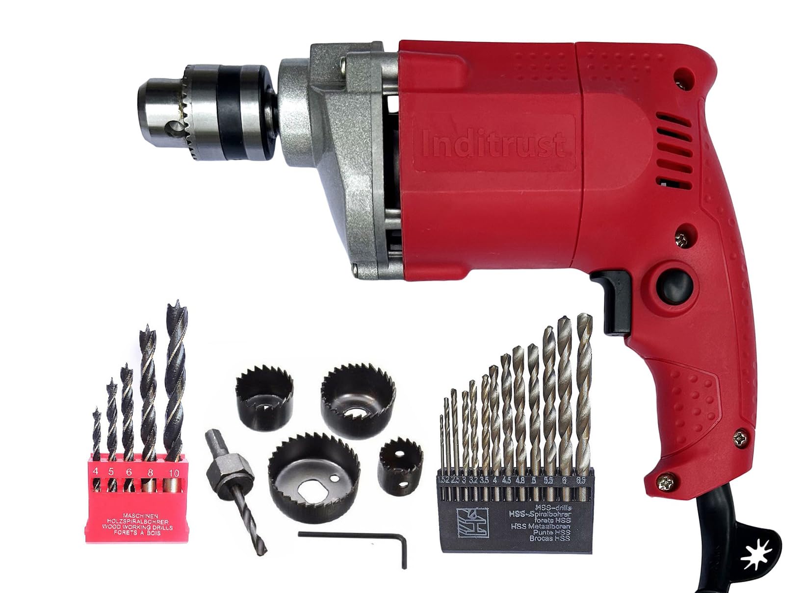 Inditrust 6-Month warranty 350w RED 10mm Electric Drill machine 100% Copper Winding tool set with 5pc Wood 13pc Hss and 6pc Hole saw set (Pack of 4) (B0DB5DG598) Amazon Price History, Amazon Price Tracker