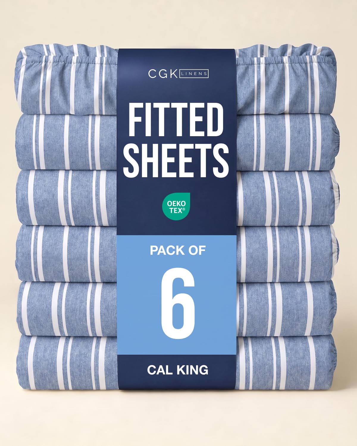 Cal King Fitted Sheet - Pack of 6 Single Fitted Bottom Sheet - Blue Stripes