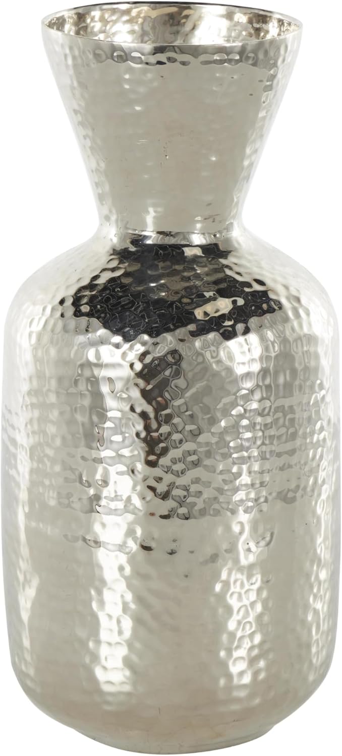 Deco 79 Aluminum Metal Decorative Vase Hammered Centerpiece Vase with Cone Shaped Opening, Flower Vase for Home Decoration 6" x 6" x 13", Silver