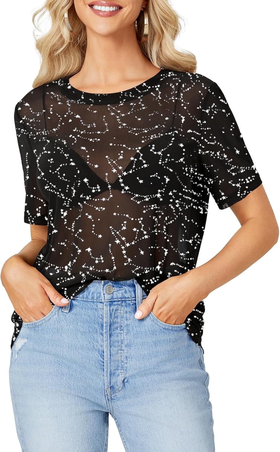 Rooscier Women's Sheer Mesh Short Sleeve Round Neck See Through Sexy Blouse Shirt Top