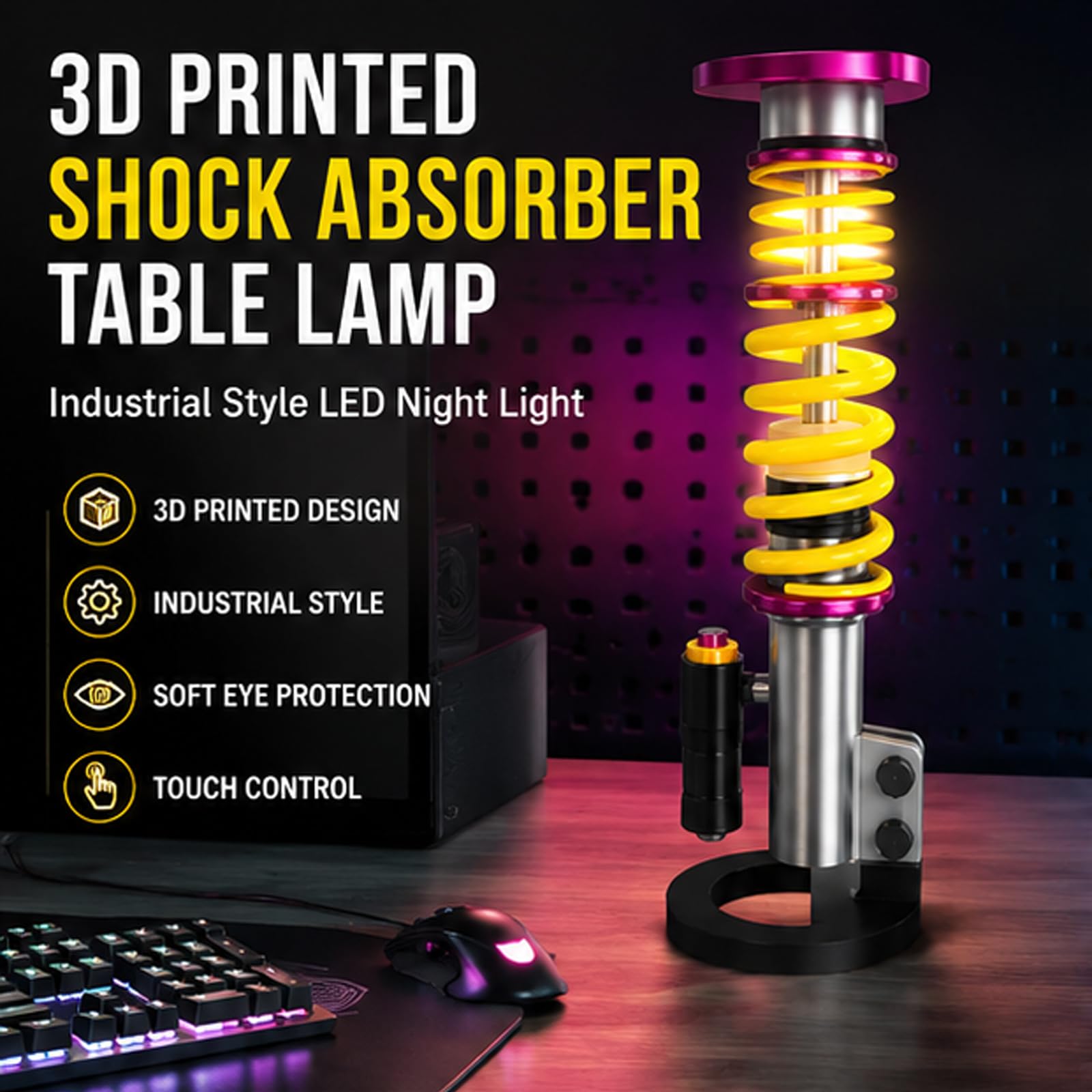 Lampada da tavolo con ammortizzatore stampato in 3D, luce notturna a LED in stile industriale, regolabile al tocco con 3 colori chiari, luci ambientali per sala giochi fai-da-te, per gli amanti del ga