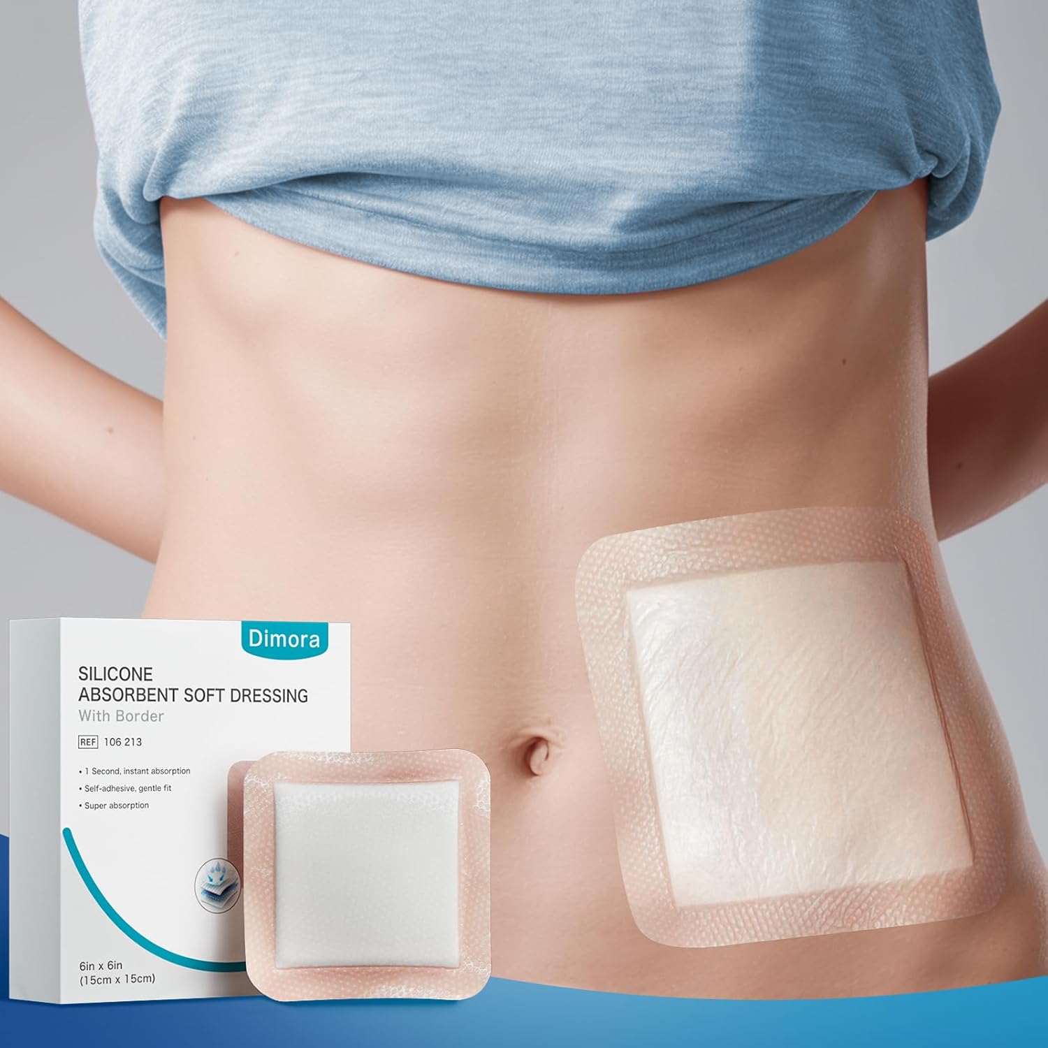 Dimora 20 Count Silicone Super Absorbent Wound Dressing 6" x 6" - Large Adhesive Bandage for Heavy Exudate, Border Wound Care Pads for Pressure Sore and Post-Surgical Incisions